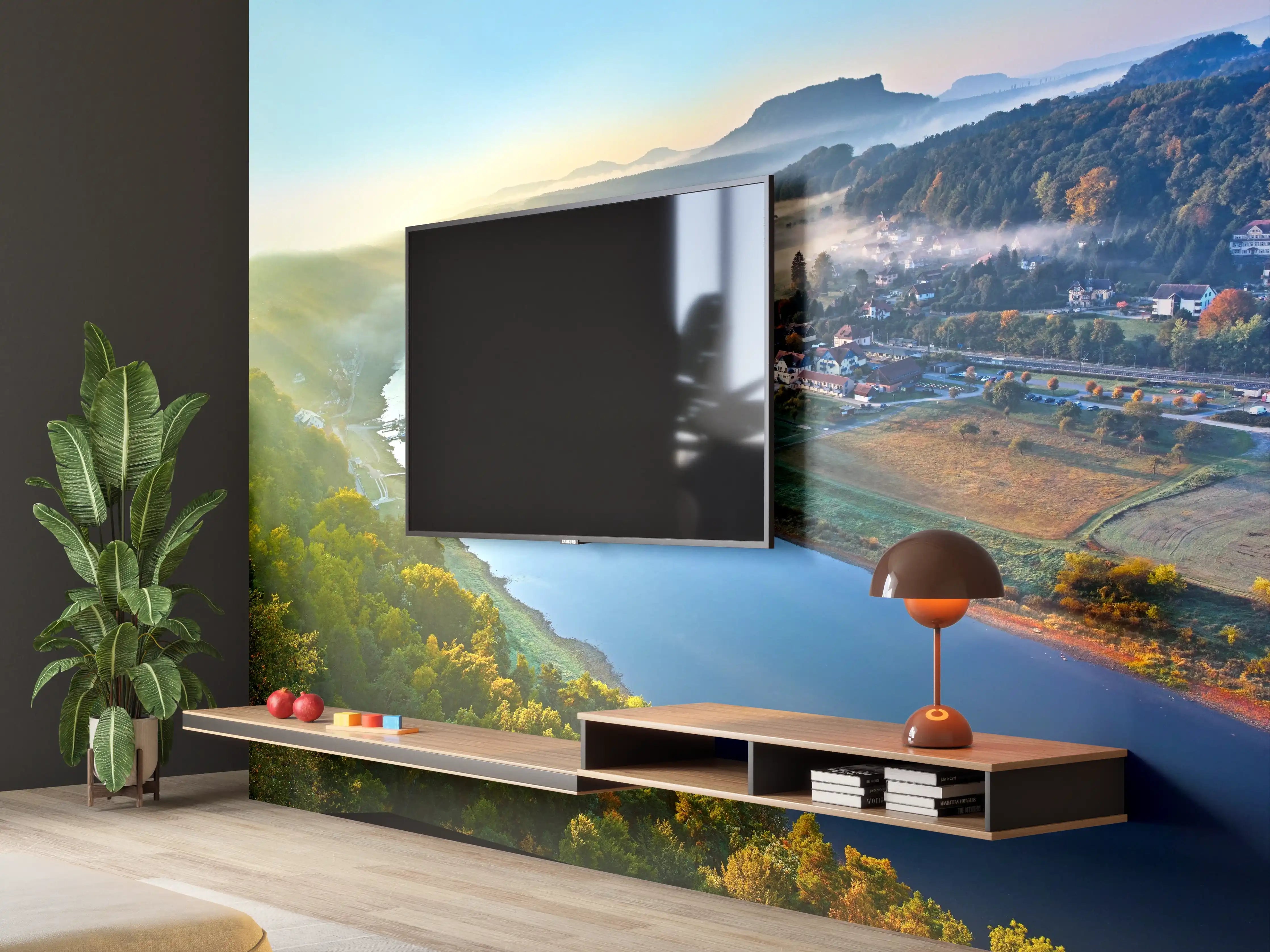 Wandverkleidung Wohnzimmer - Malerische Flusslandschaft bei Sonnenaufgang