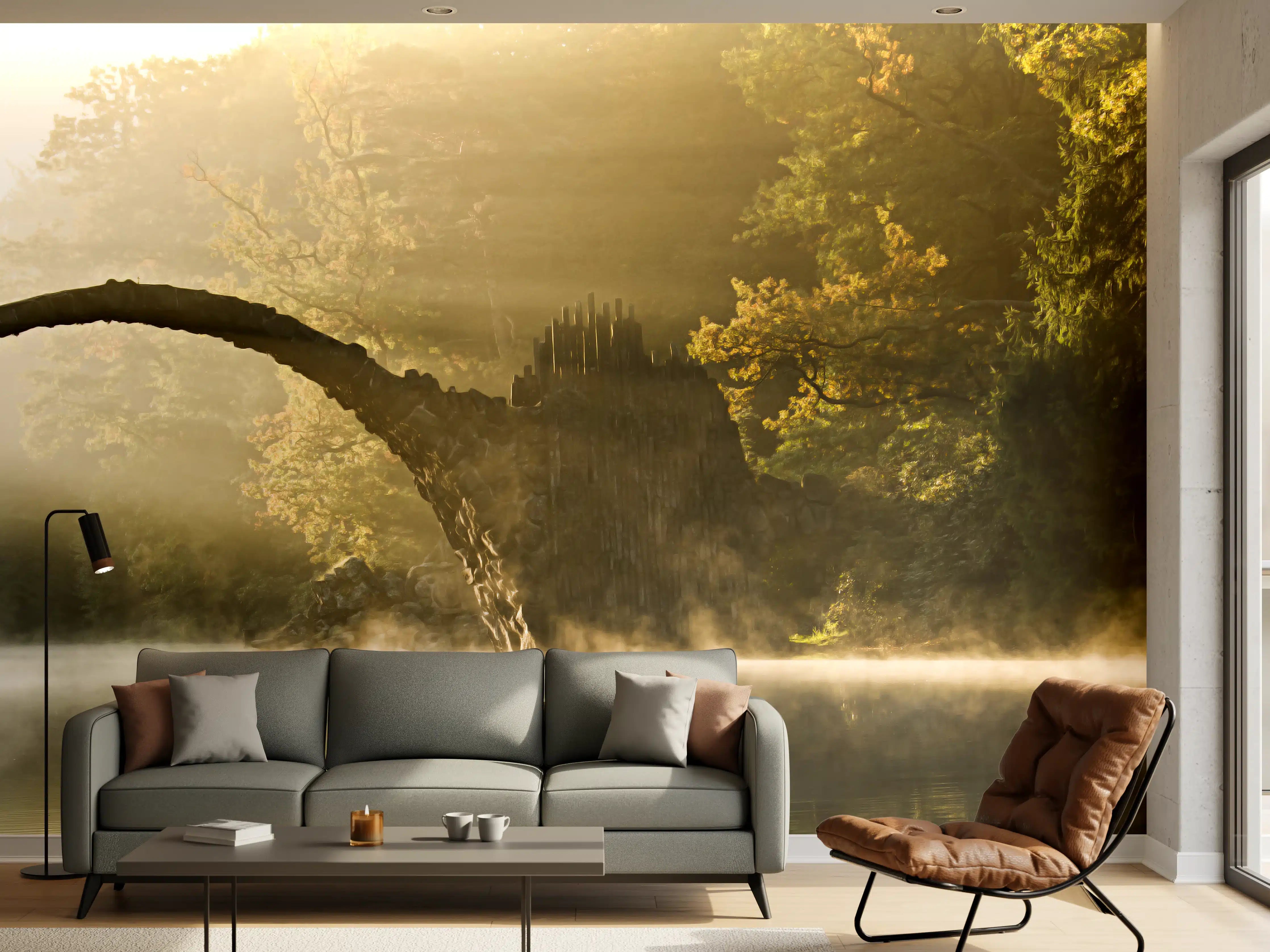 Wandverkleidung Wohnzimmer - Malerische Flusslandschaft mit Brücke im Morgenlicht