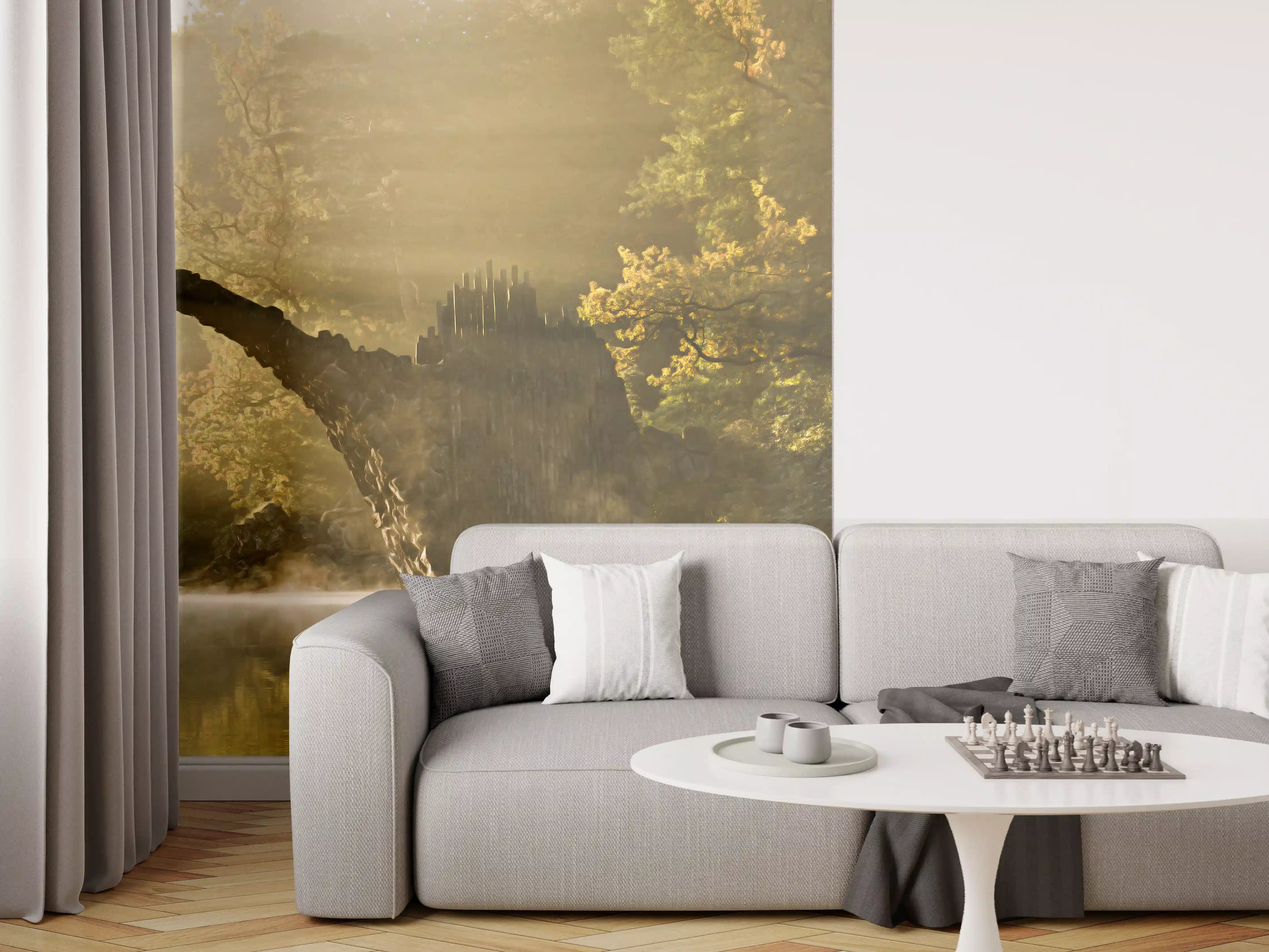 Wandverkleidung Wohnzimmer - Malerische Flusslandschaft mit Brücke im Morgenlicht