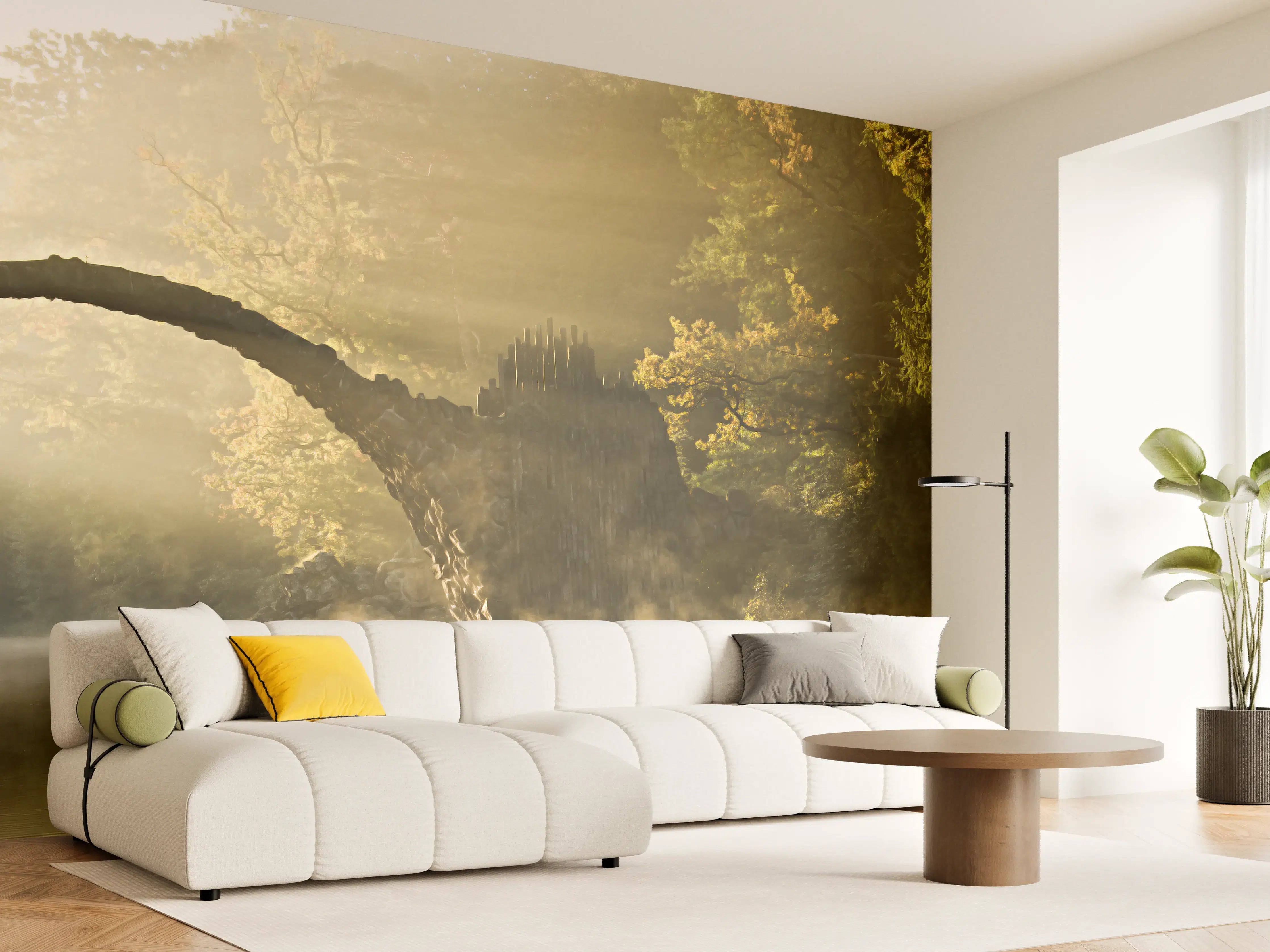 Wandverkleidung Wohnzimmer - Malerische Flusslandschaft mit Brücke im Morgenlicht