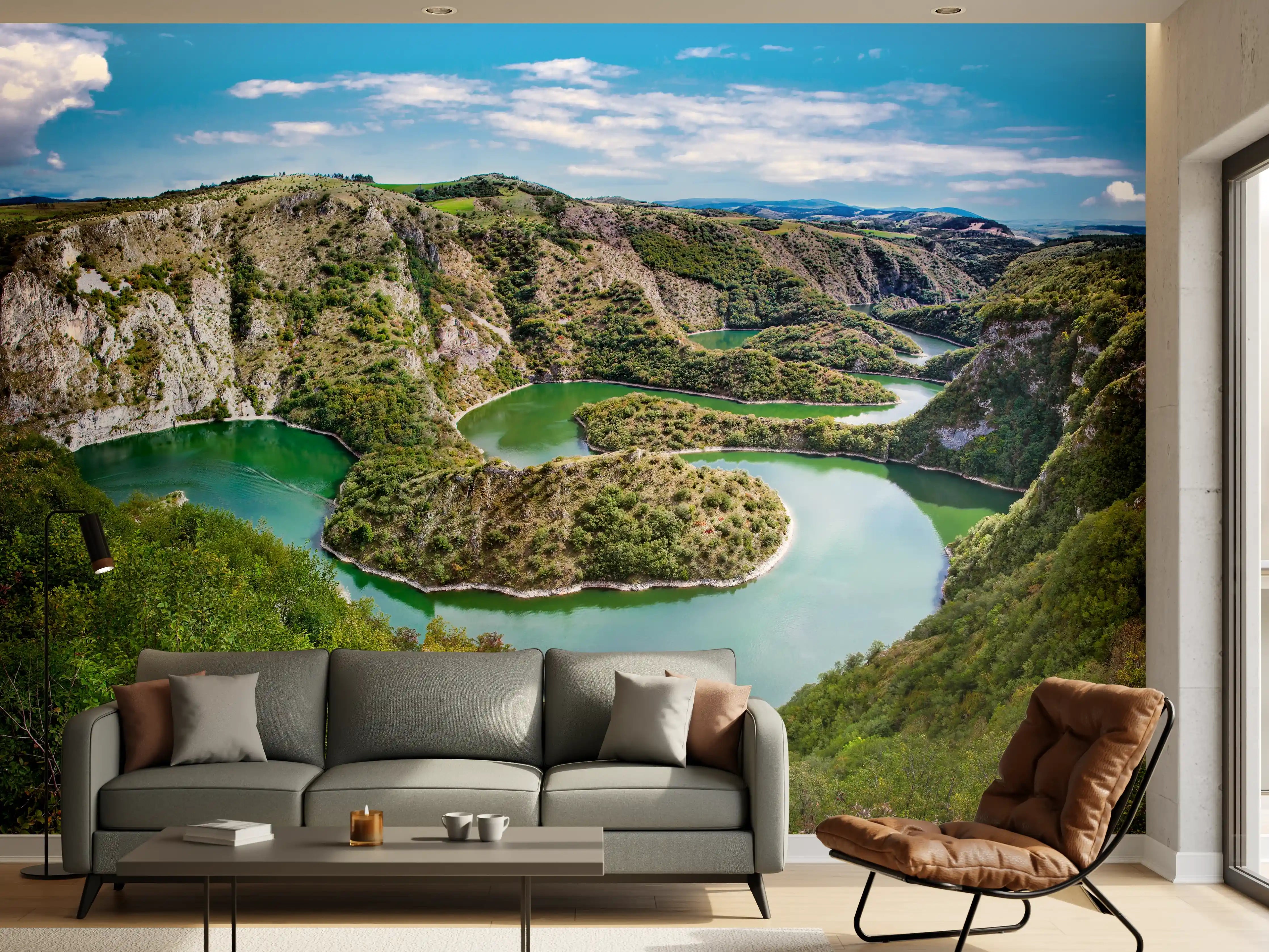 Wandverkleidung Wohnzimmer - Malerische Flusslandschaft mit Schleife