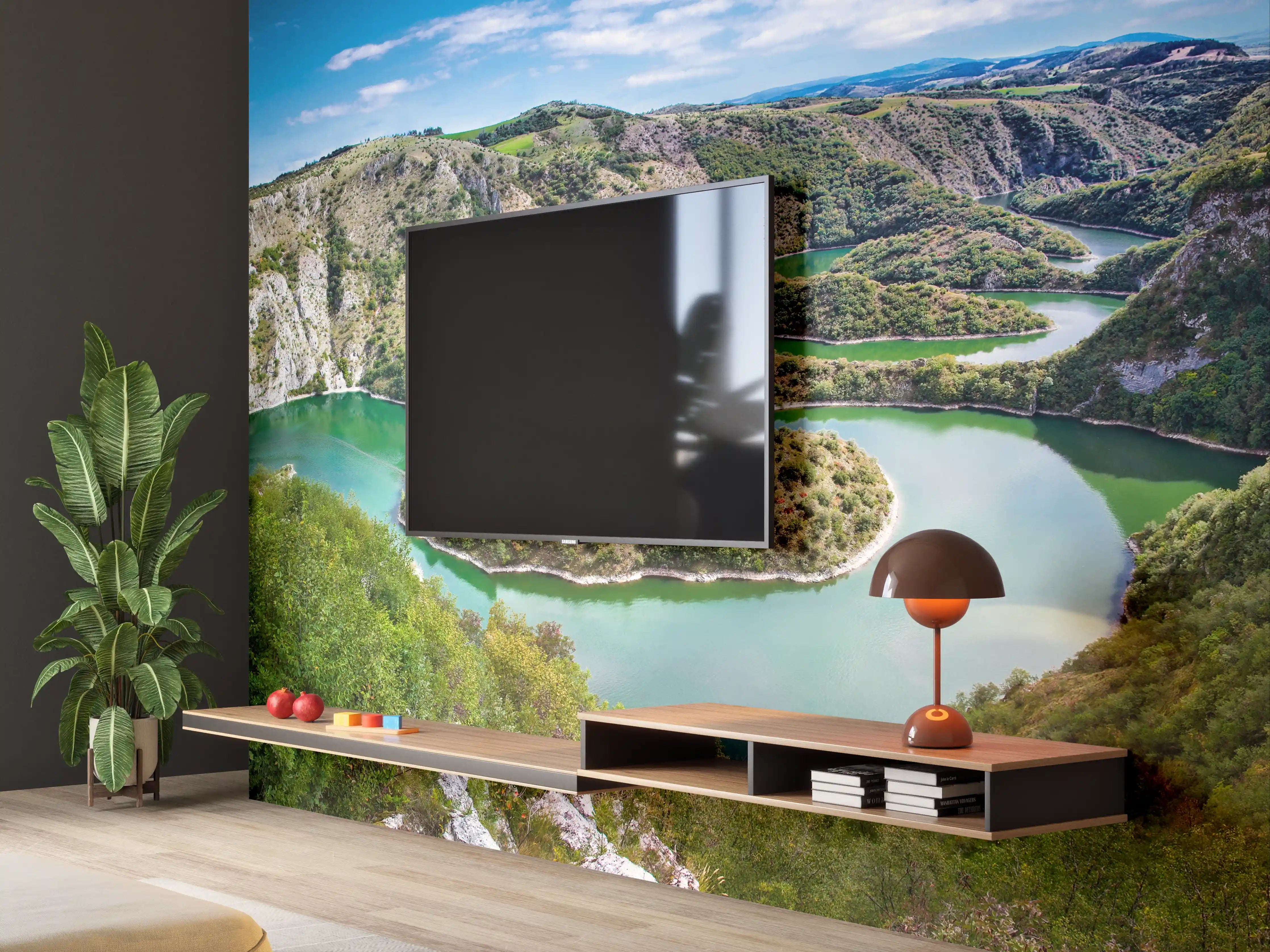 Wandverkleidung Wohnzimmer - Malerische Flusslandschaft mit Schleife