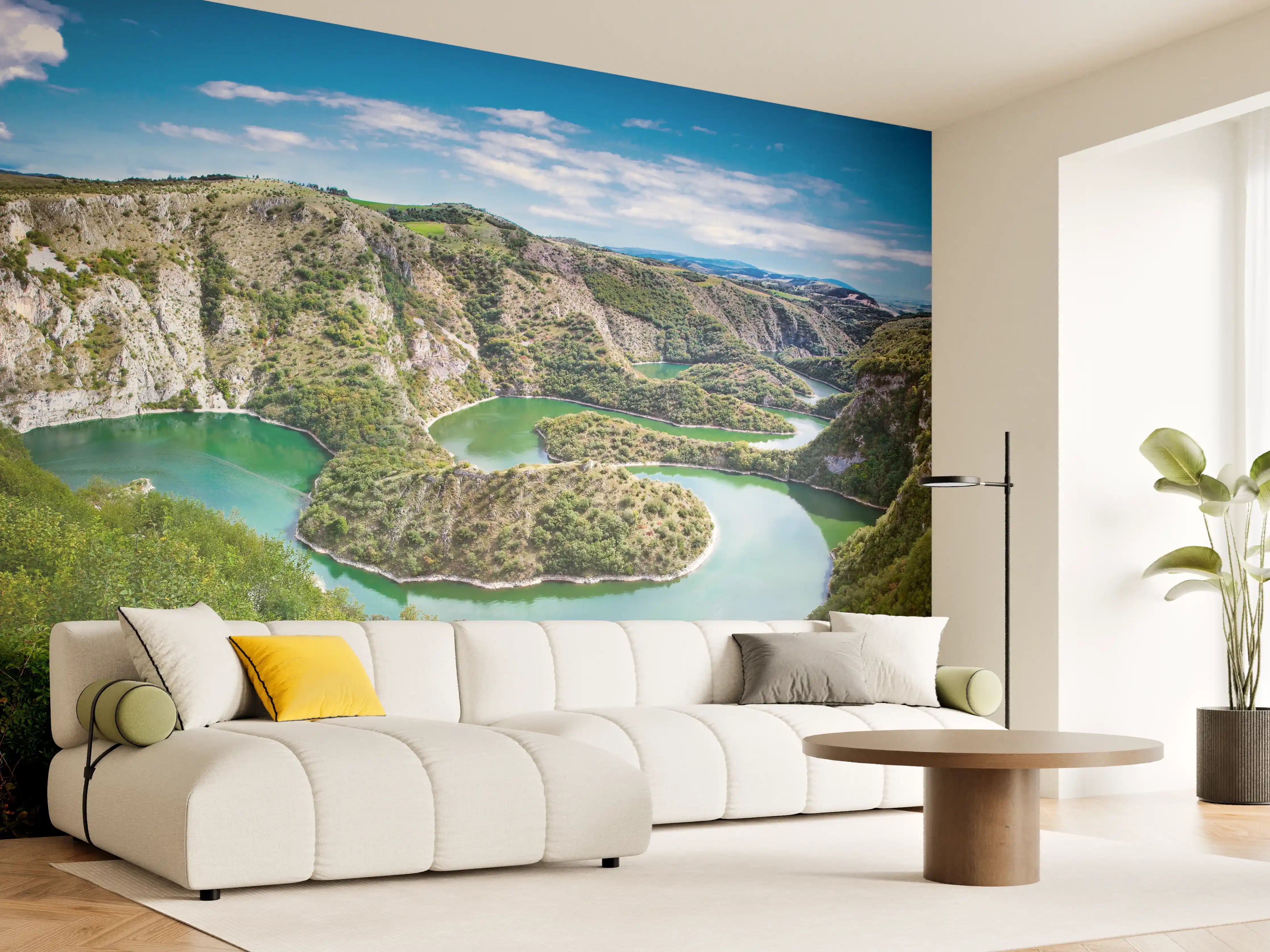 Wandverkleidung Wohnzimmer - Malerische Flusslandschaft mit Schleife
