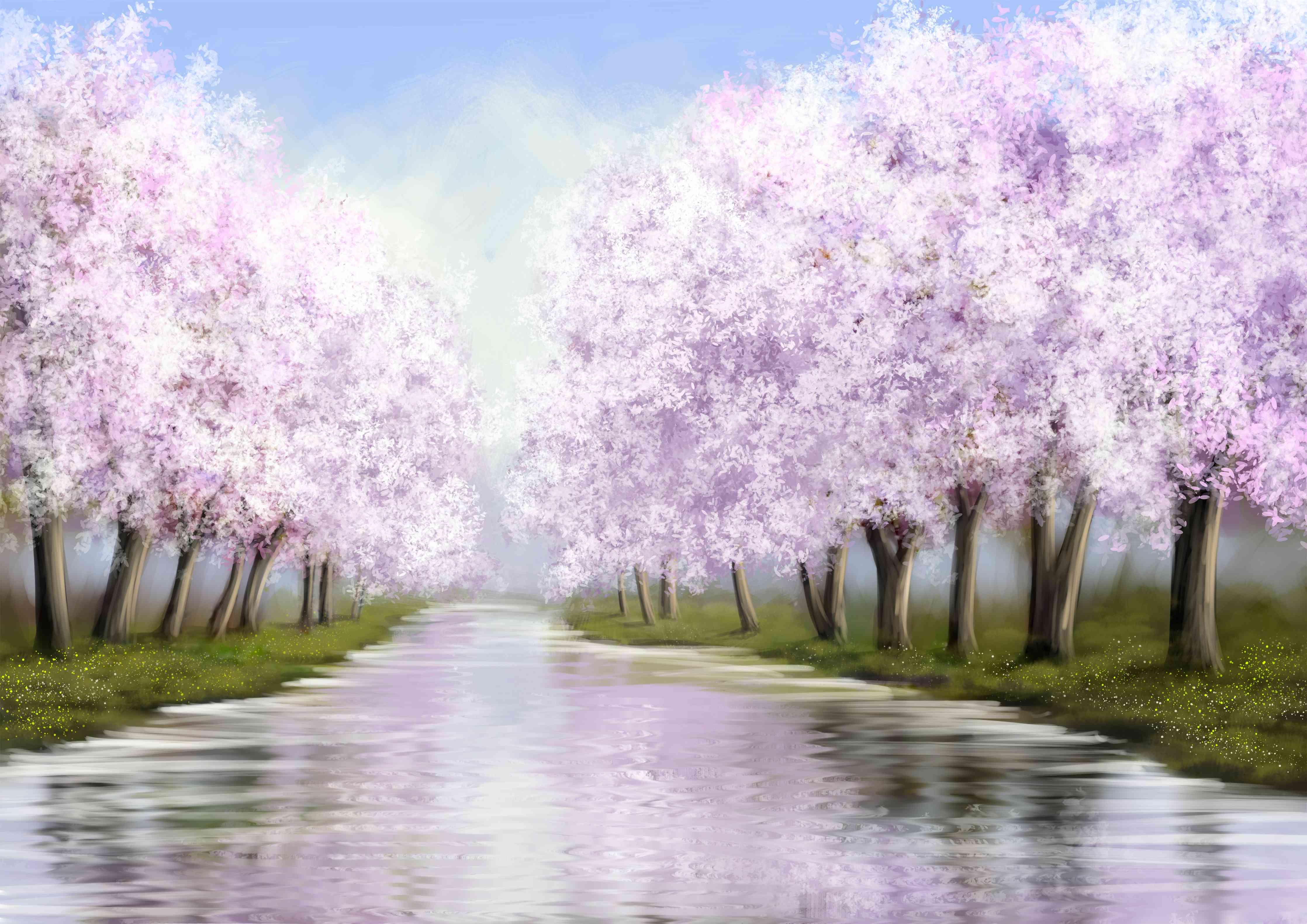 Wandverkleidung Wohnzimmer-Malerische Flusslandschaft mit blühenden Bäumen