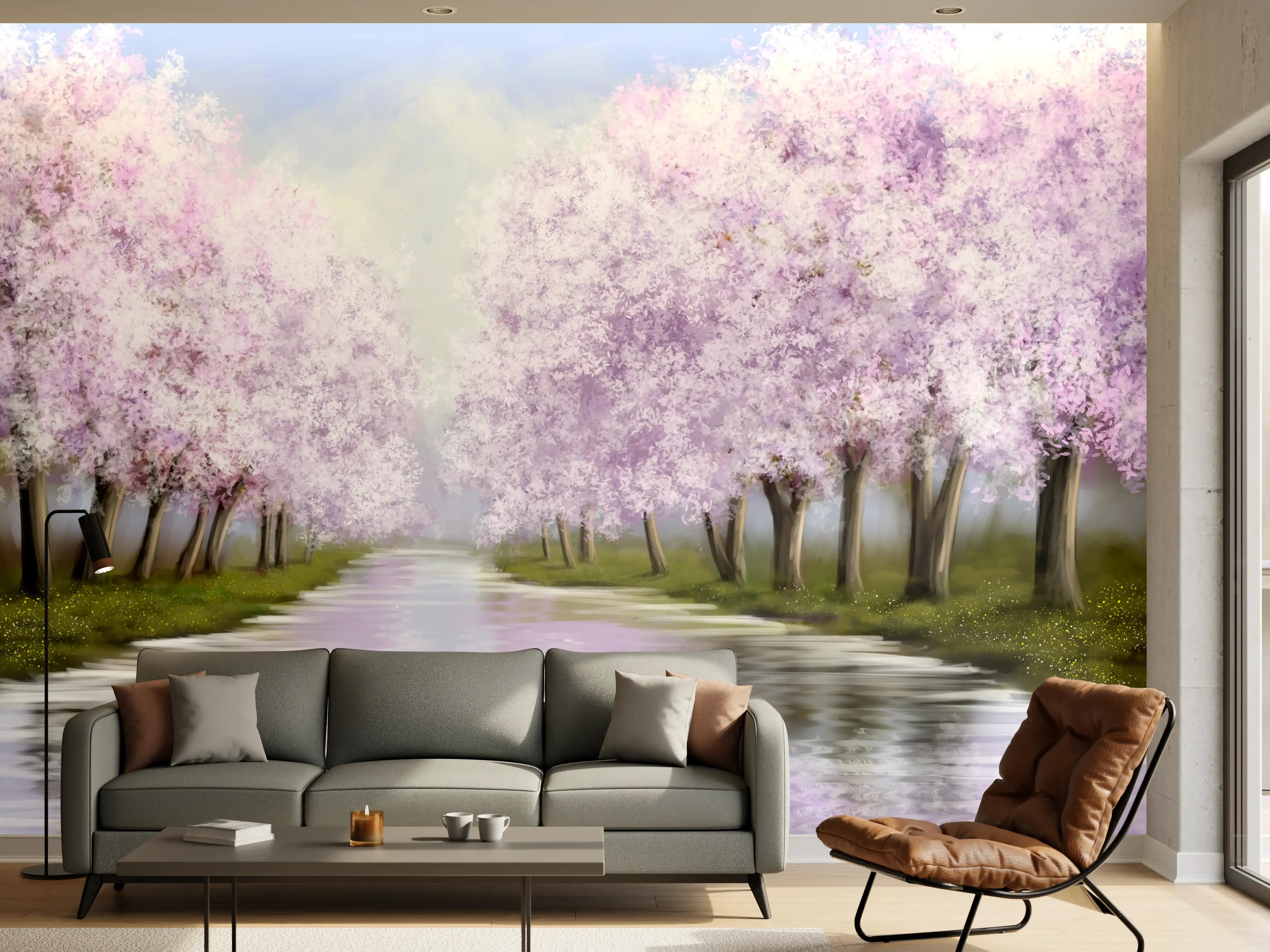 Wandverkleidung Wohnzimmer - Malerische Flusslandschaft mit blühenden Bäumen
