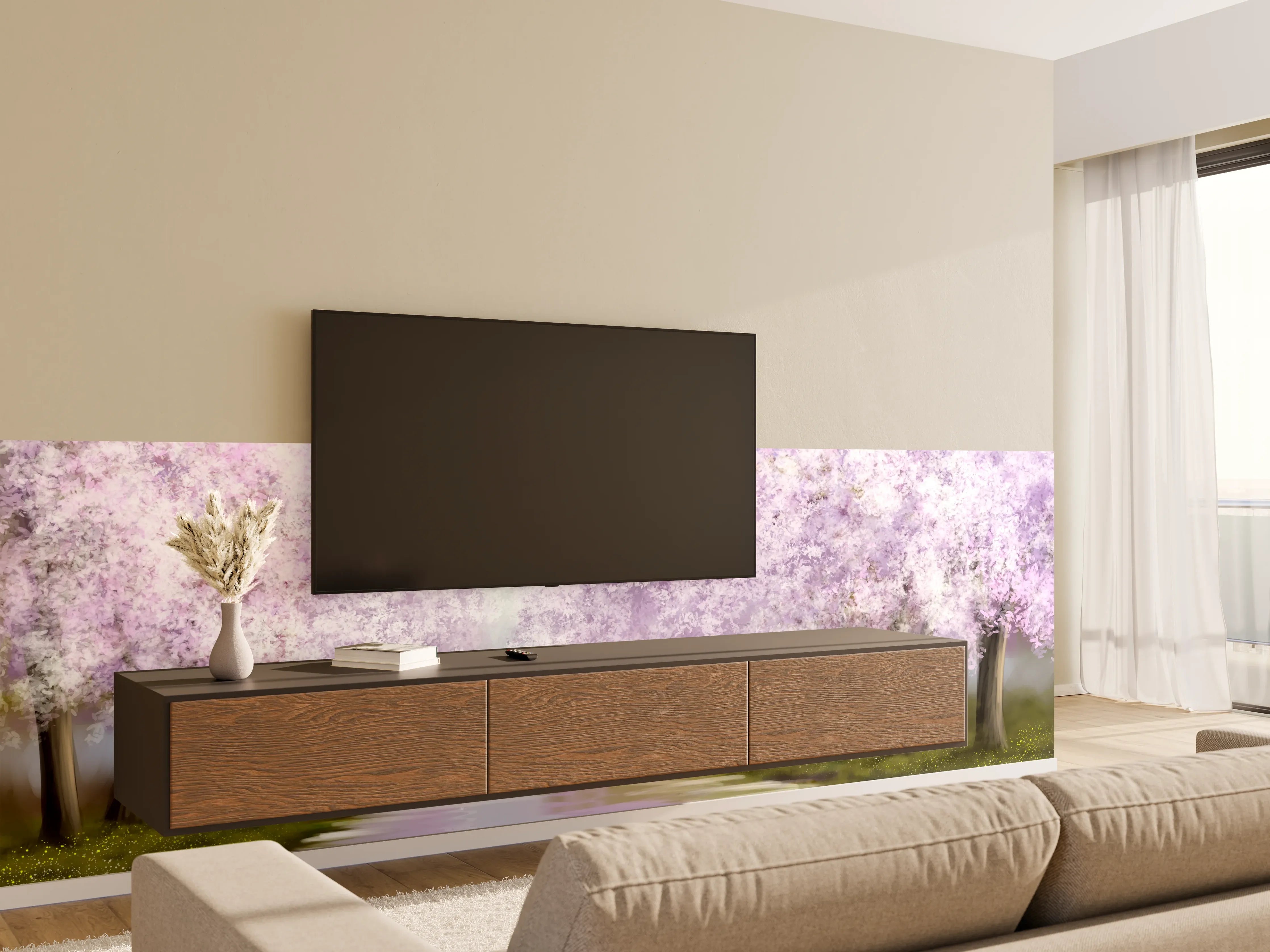 Wandverkleidung Wohnzimmer - Malerische Flusslandschaft mit blühenden Bäumen