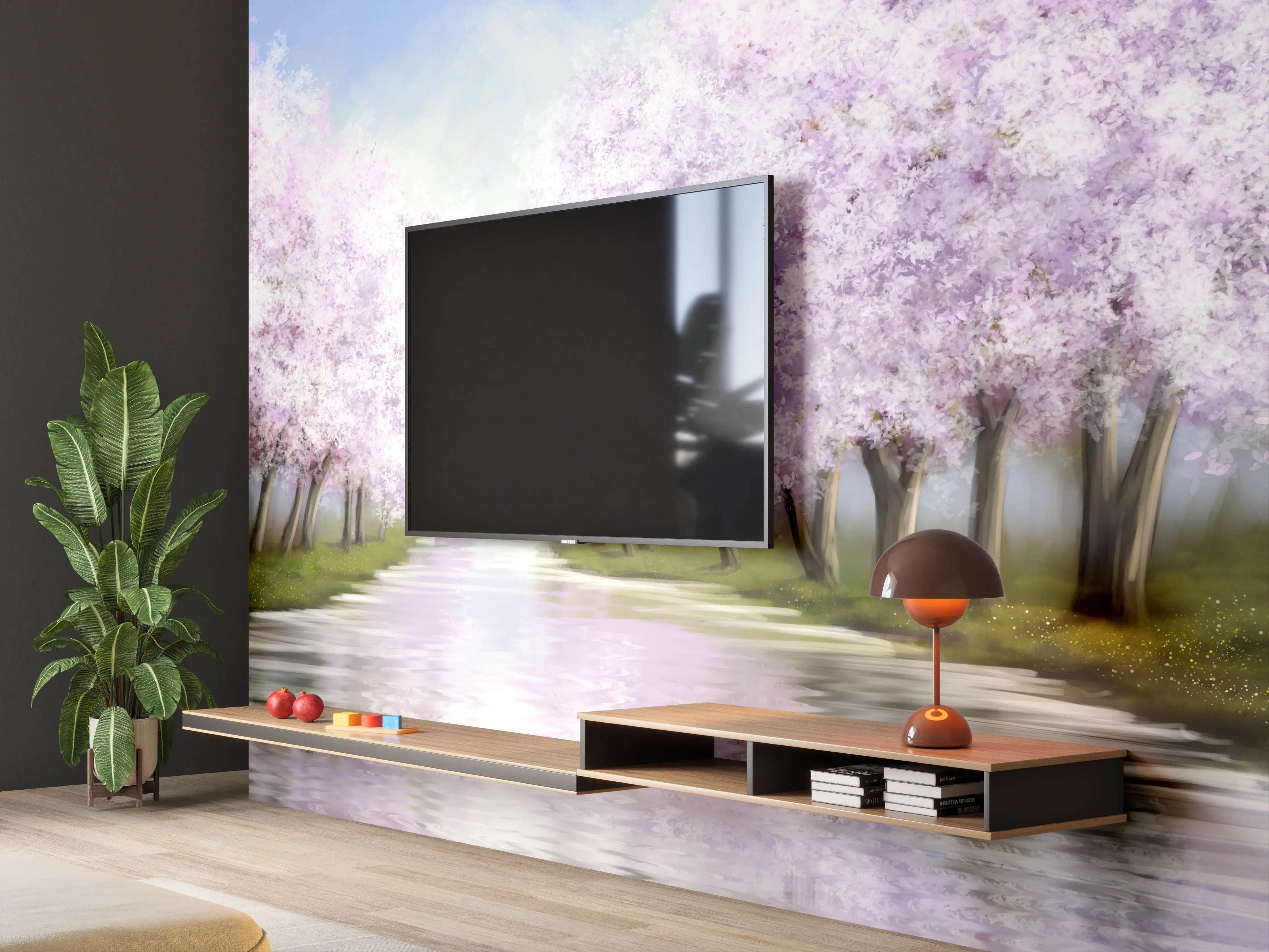 Wandverkleidung Wohnzimmer - Malerische Flusslandschaft mit blühenden Bäumen