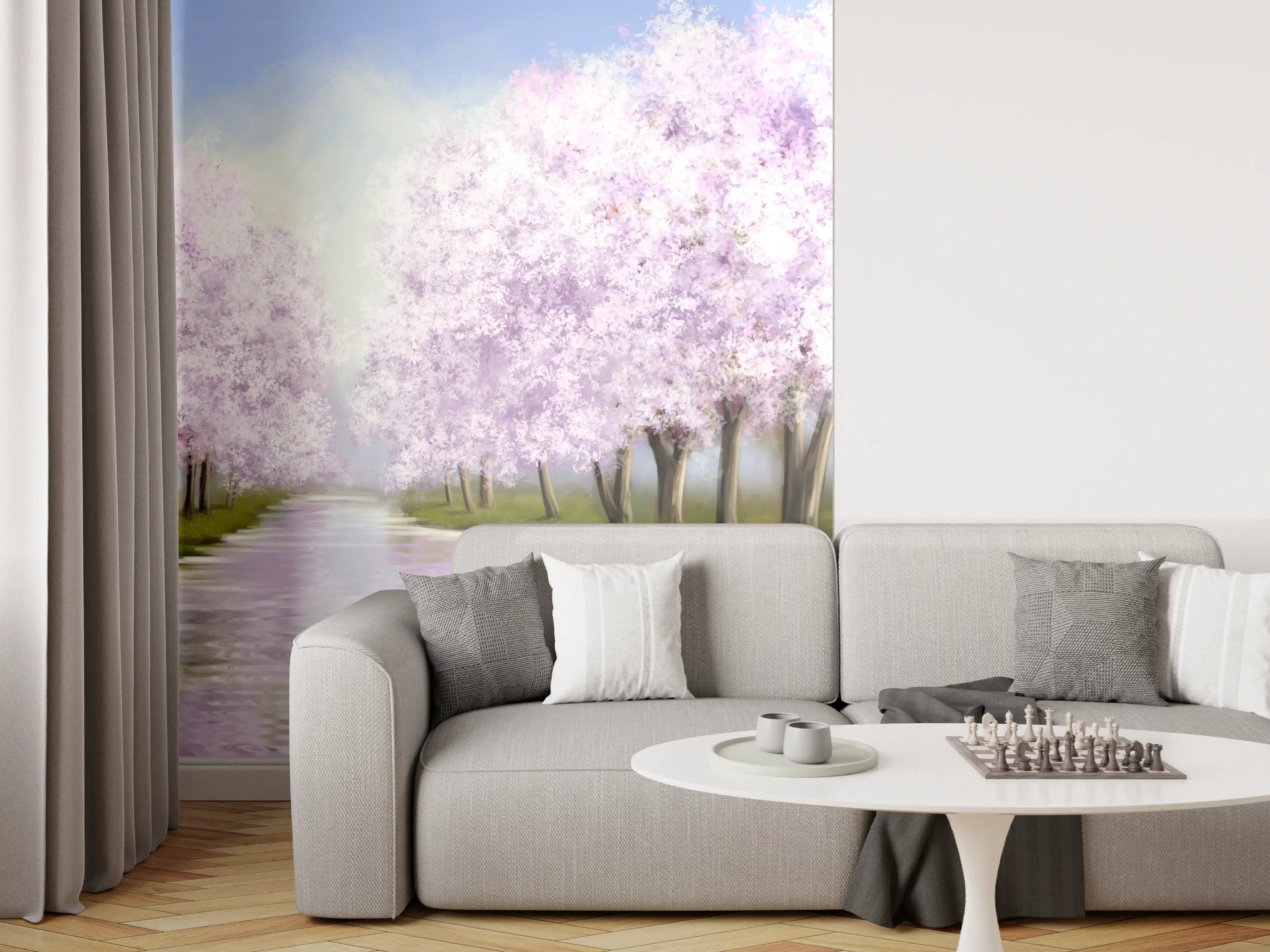 Wandverkleidung Wohnzimmer - Malerische Flusslandschaft mit blühenden Bäumen