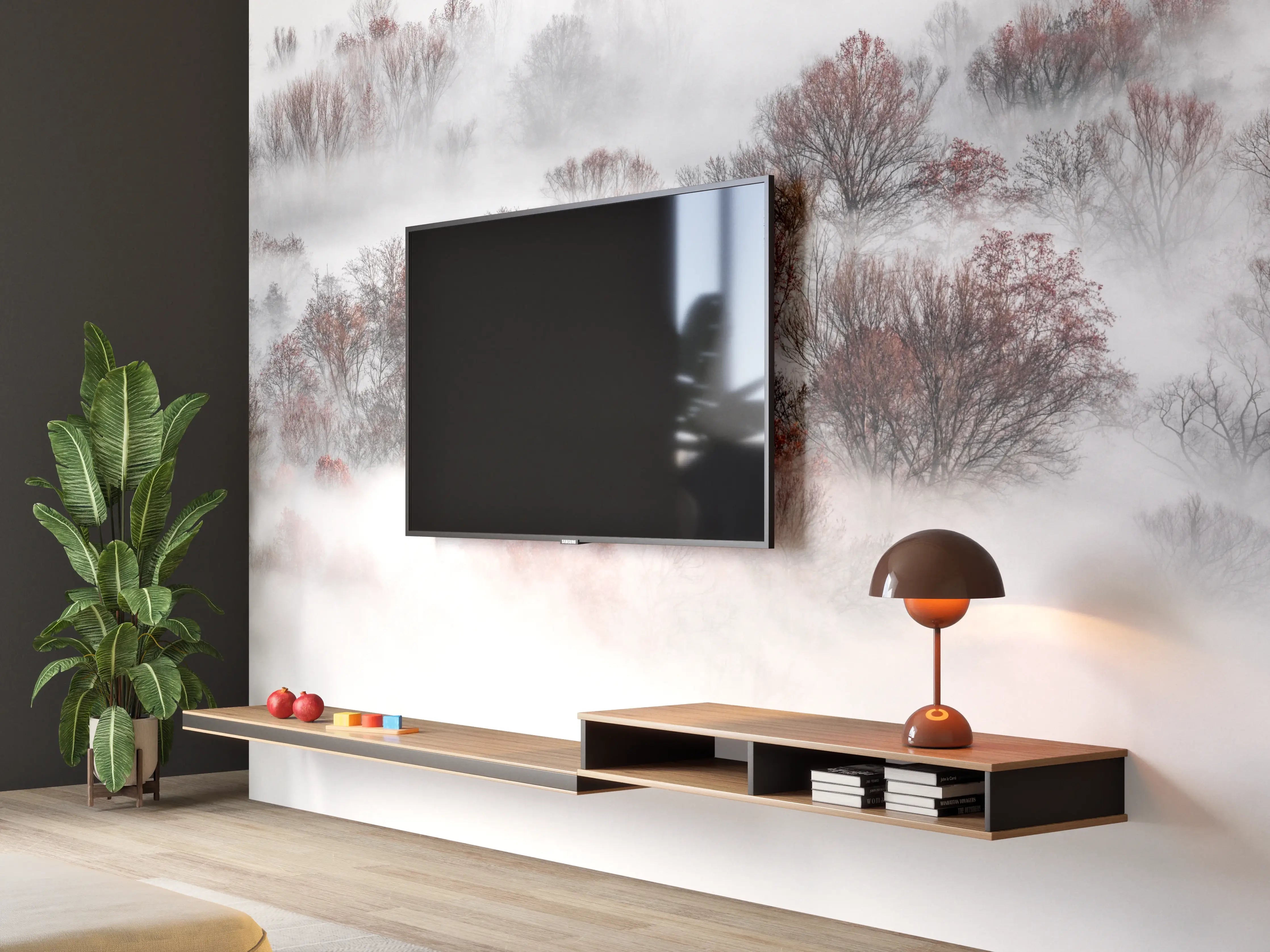 Wandverkleidung Wohnzimmer - Malerische Nebelwald-Landschaft mit Bäumen