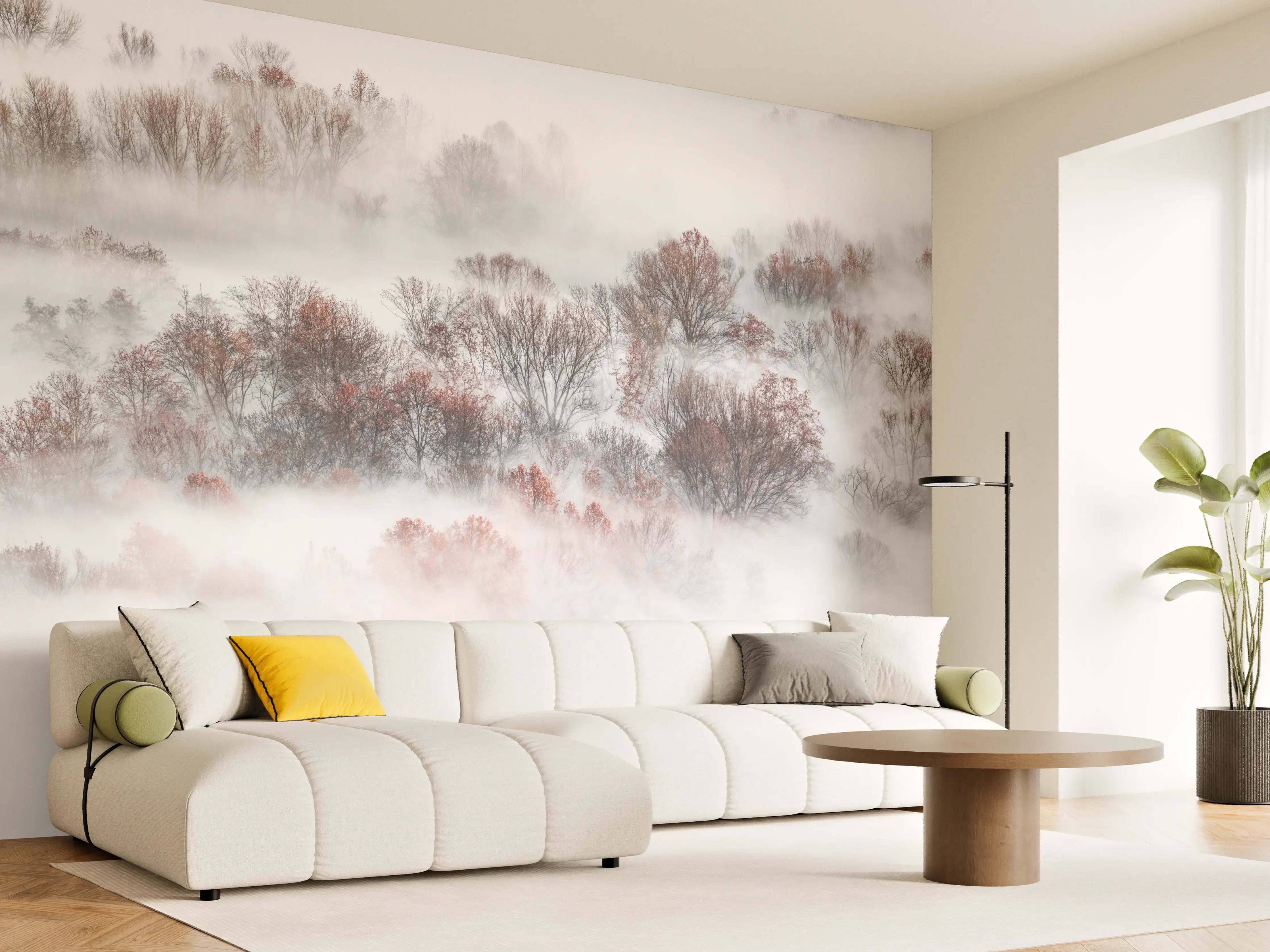 Wandverkleidung Wohnzimmer - Malerische Nebelwald-Landschaft mit Bäumen