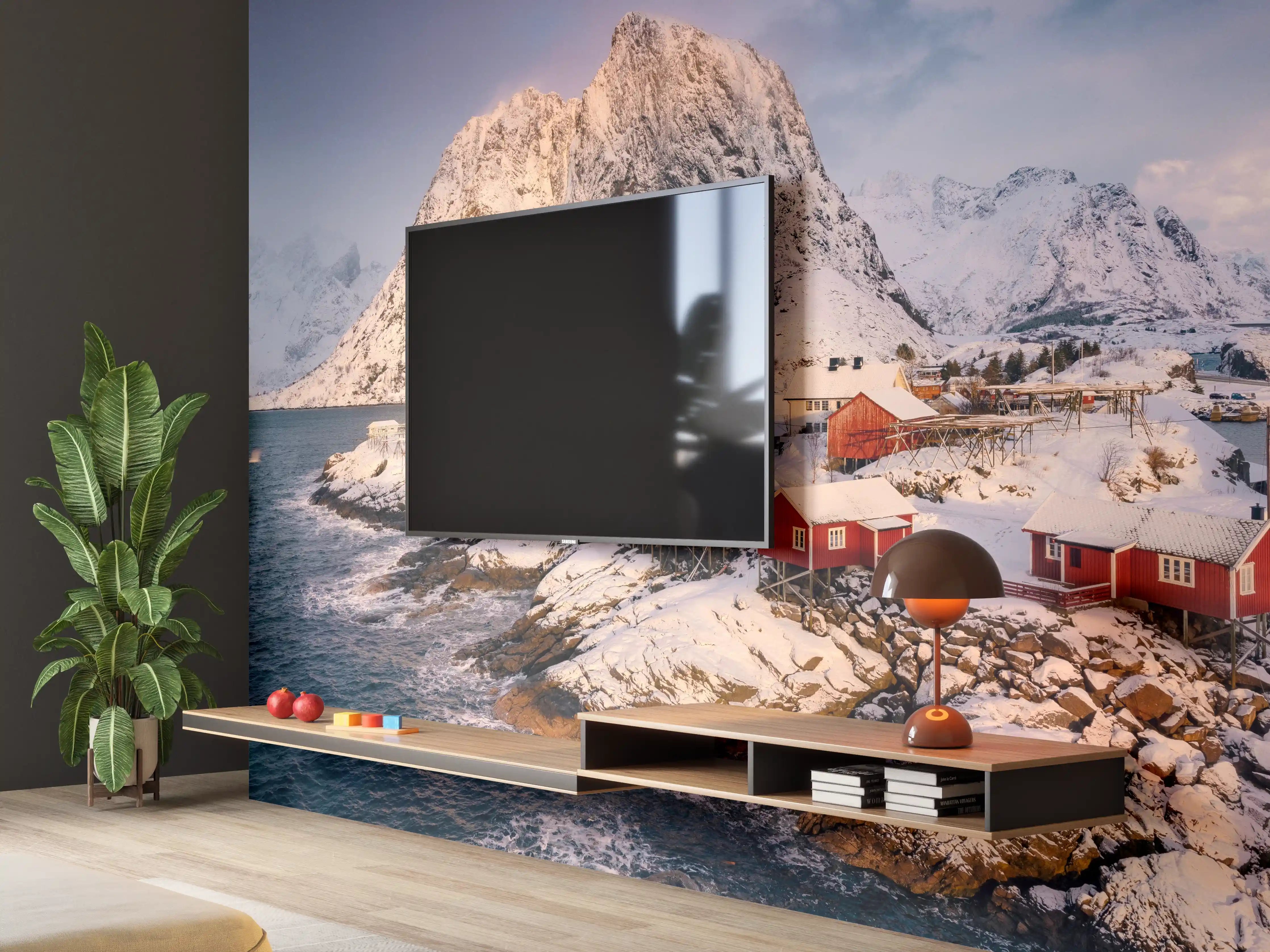Wandverkleidung Wohnzimmer - Malerische Winterhütten am Fjord