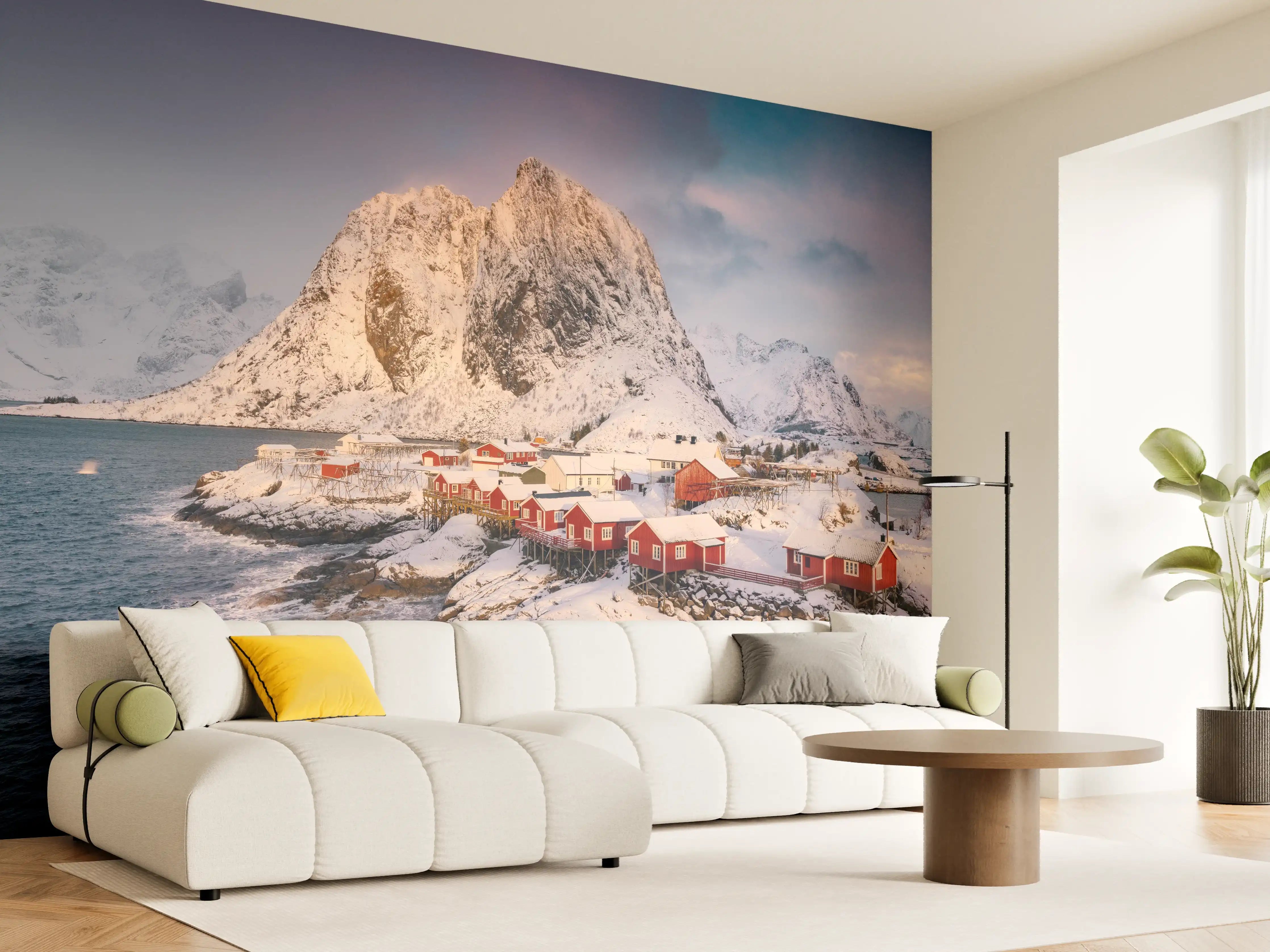 Wandverkleidung Wohnzimmer - Malerische Winterhütten am Fjord