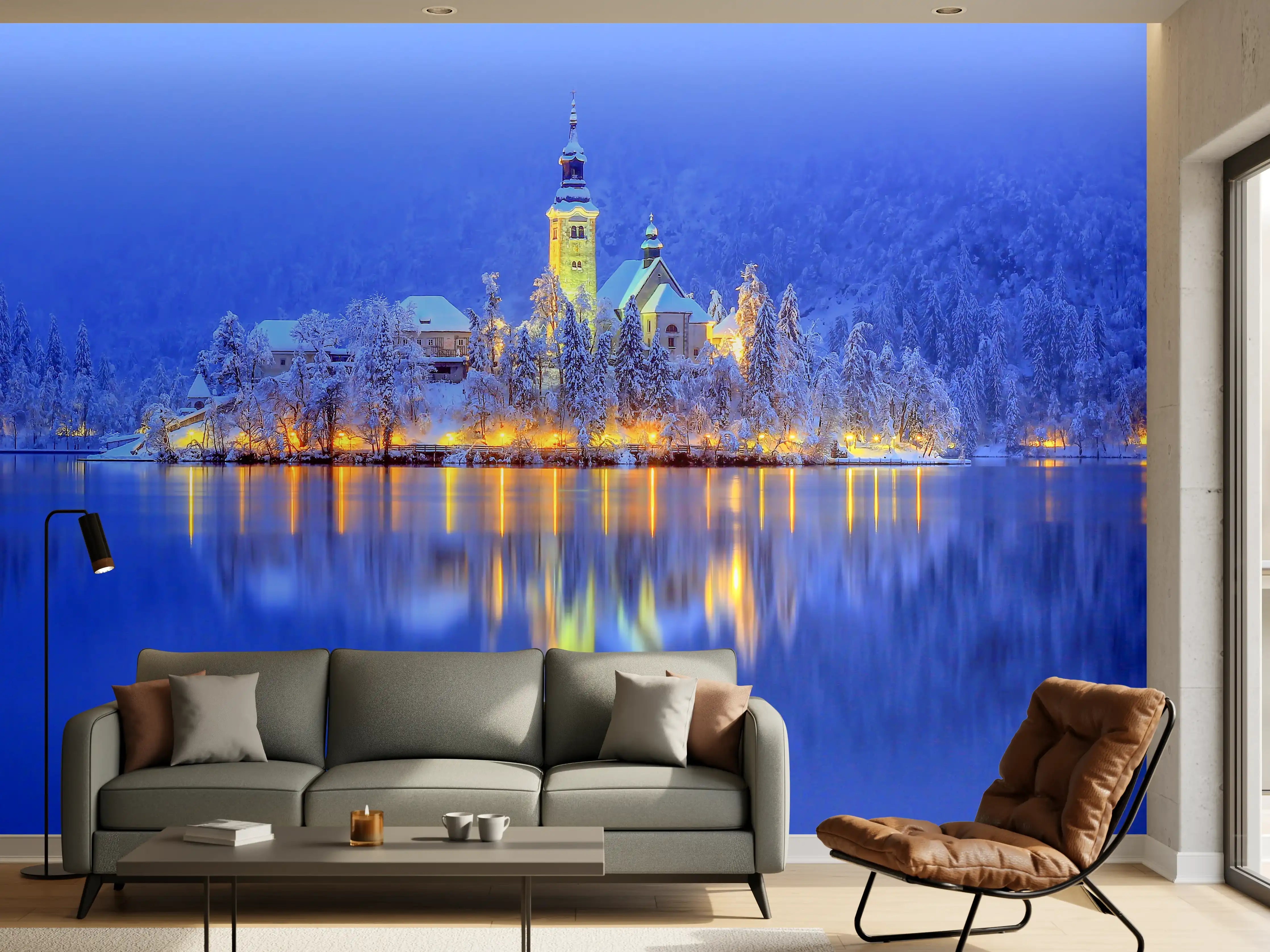 Wandverkleidung Wohnzimmer - Malerische Winterlandschaft mit Kirche am See