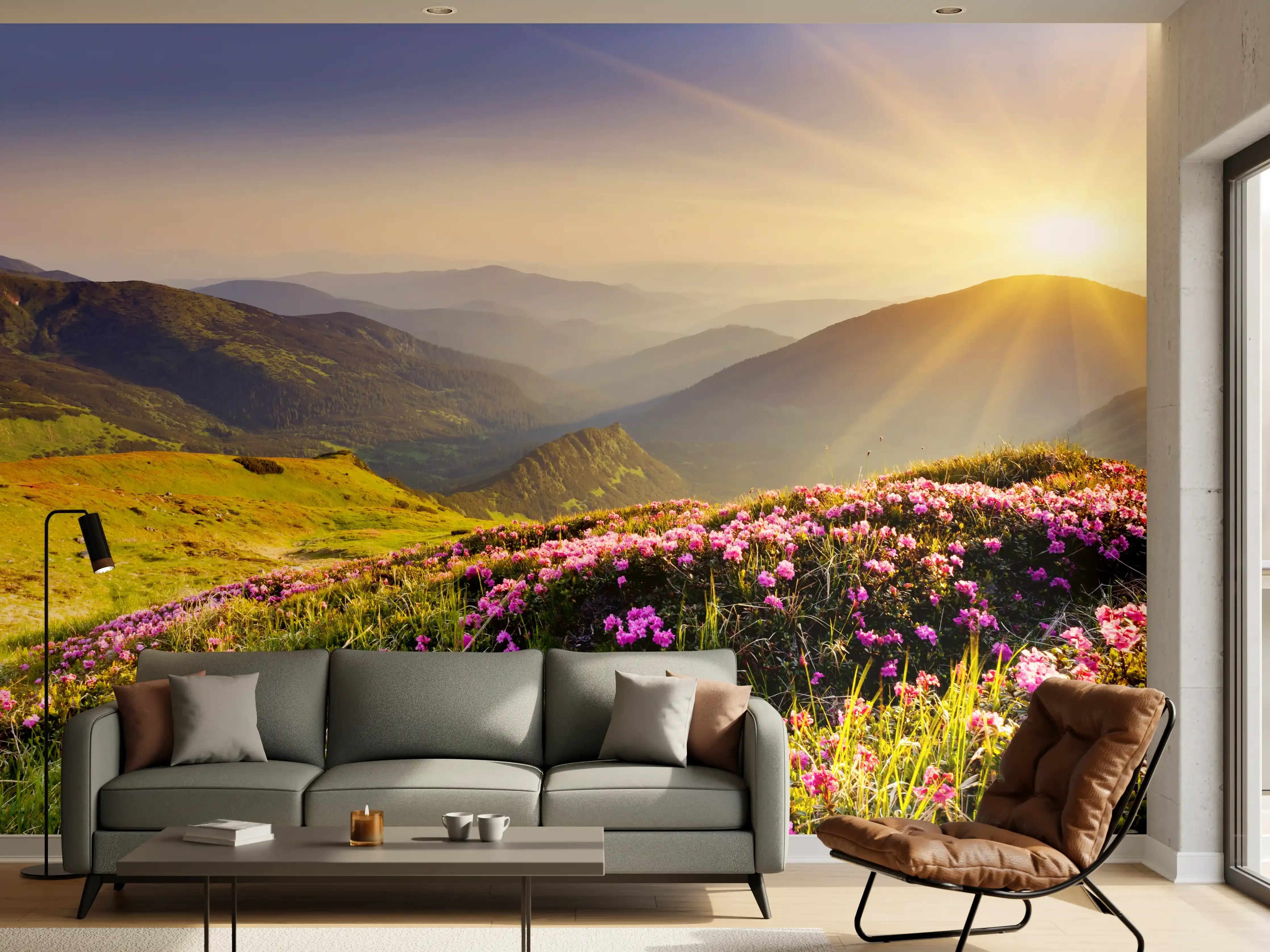 Wandverkleidung Wohnzimmer - Malerischer Sonnenaufgang über blühender Berglandschaft