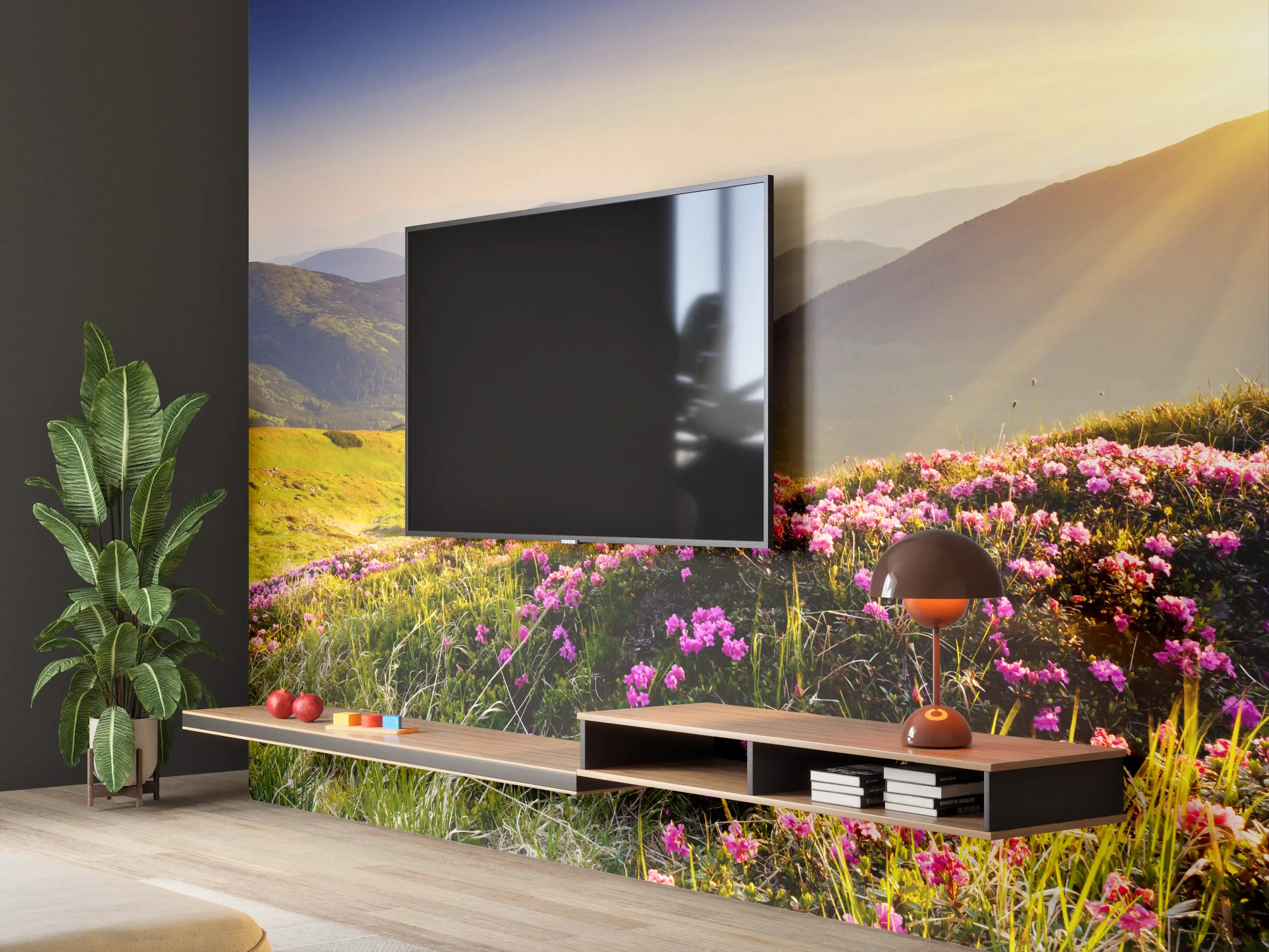 Wandverkleidung Wohnzimmer - Malerischer Sonnenaufgang über blühender Berglandschaft