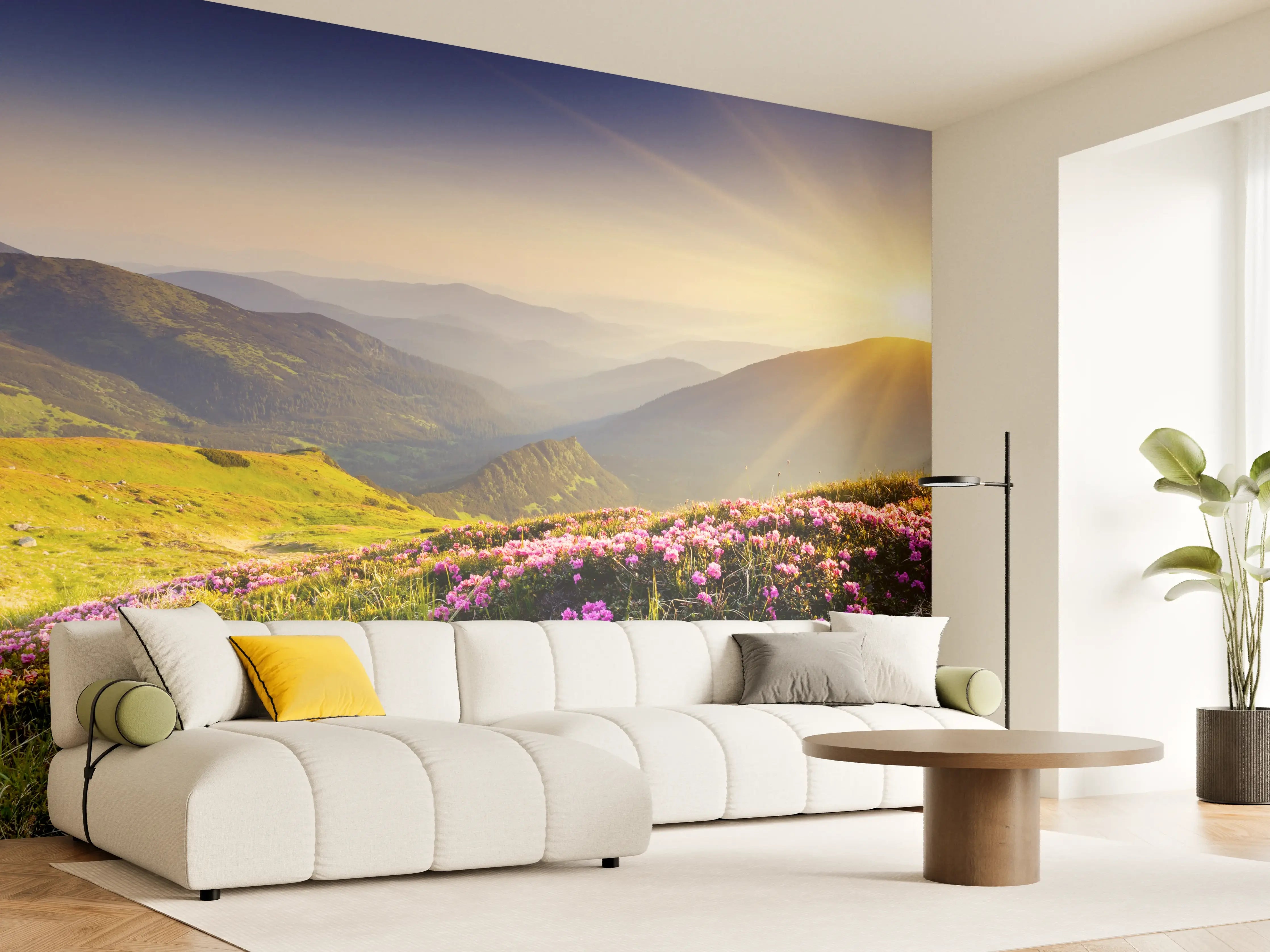 Wandverkleidung Wohnzimmer - Malerischer Sonnenaufgang über blühender Berglandschaft