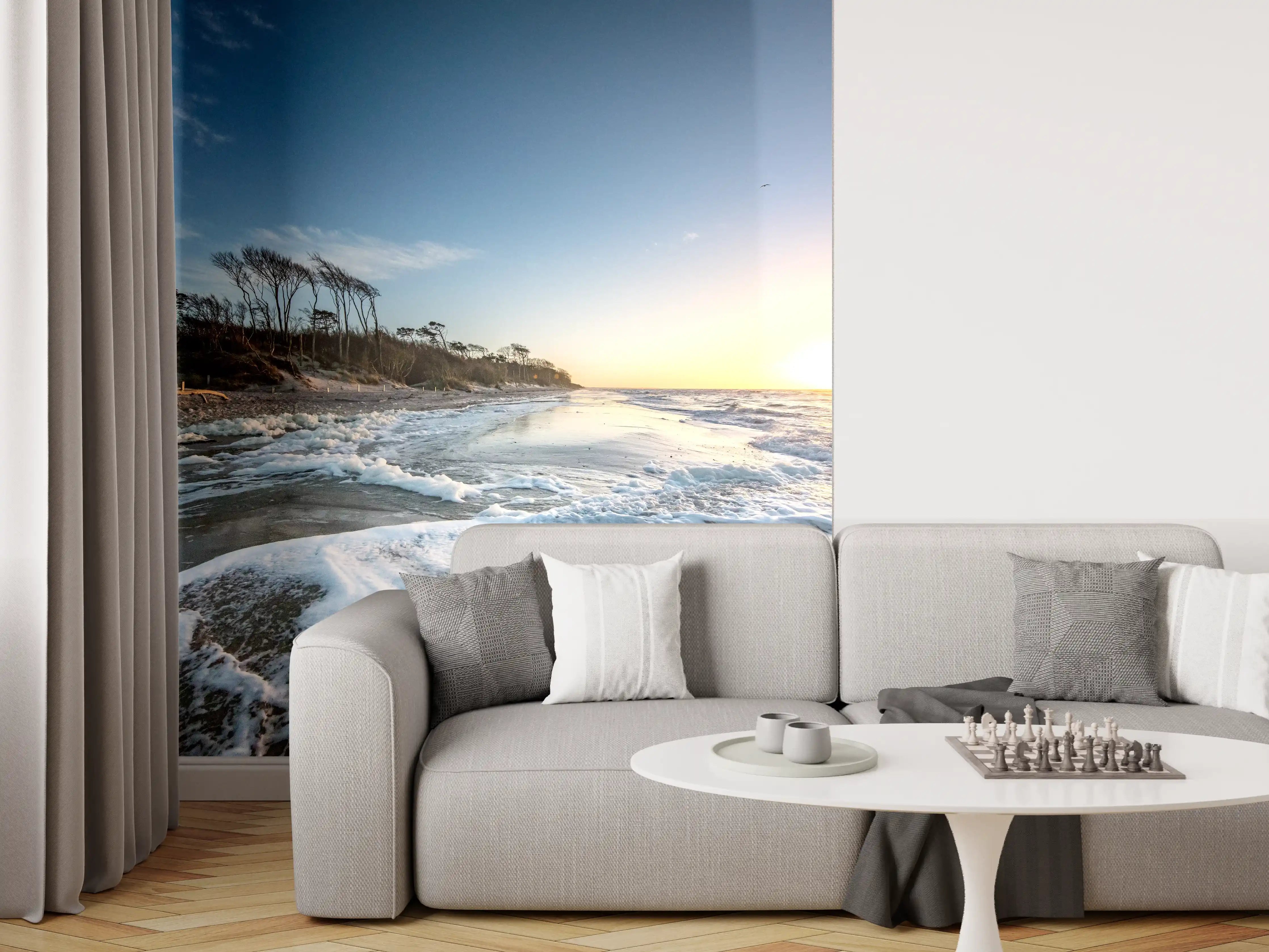 Wandverkleidung Wohnzimmer - Malerischer Sonnenuntergang am Strand mit Meereswellen