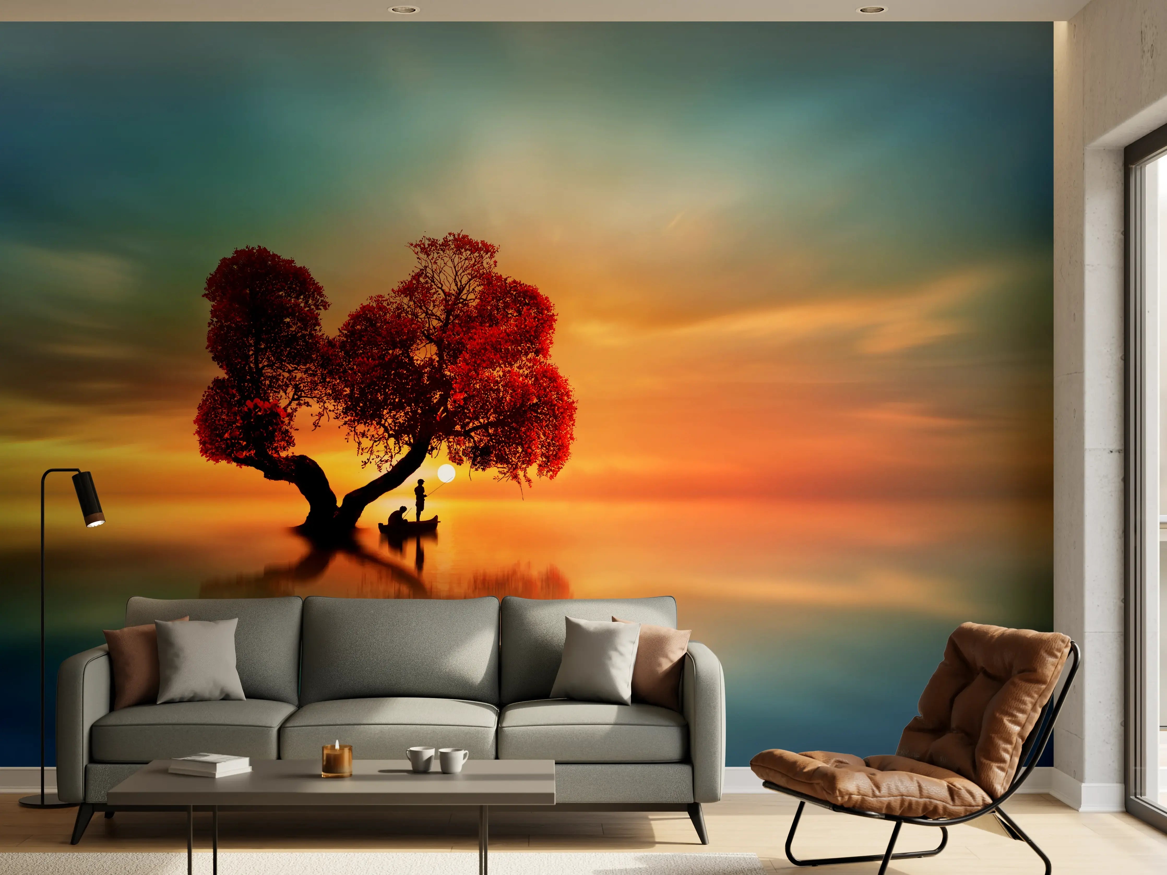 Wandverkleidung Wohnzimmer - Malerischer Sonnenuntergang mit Baum und Boot