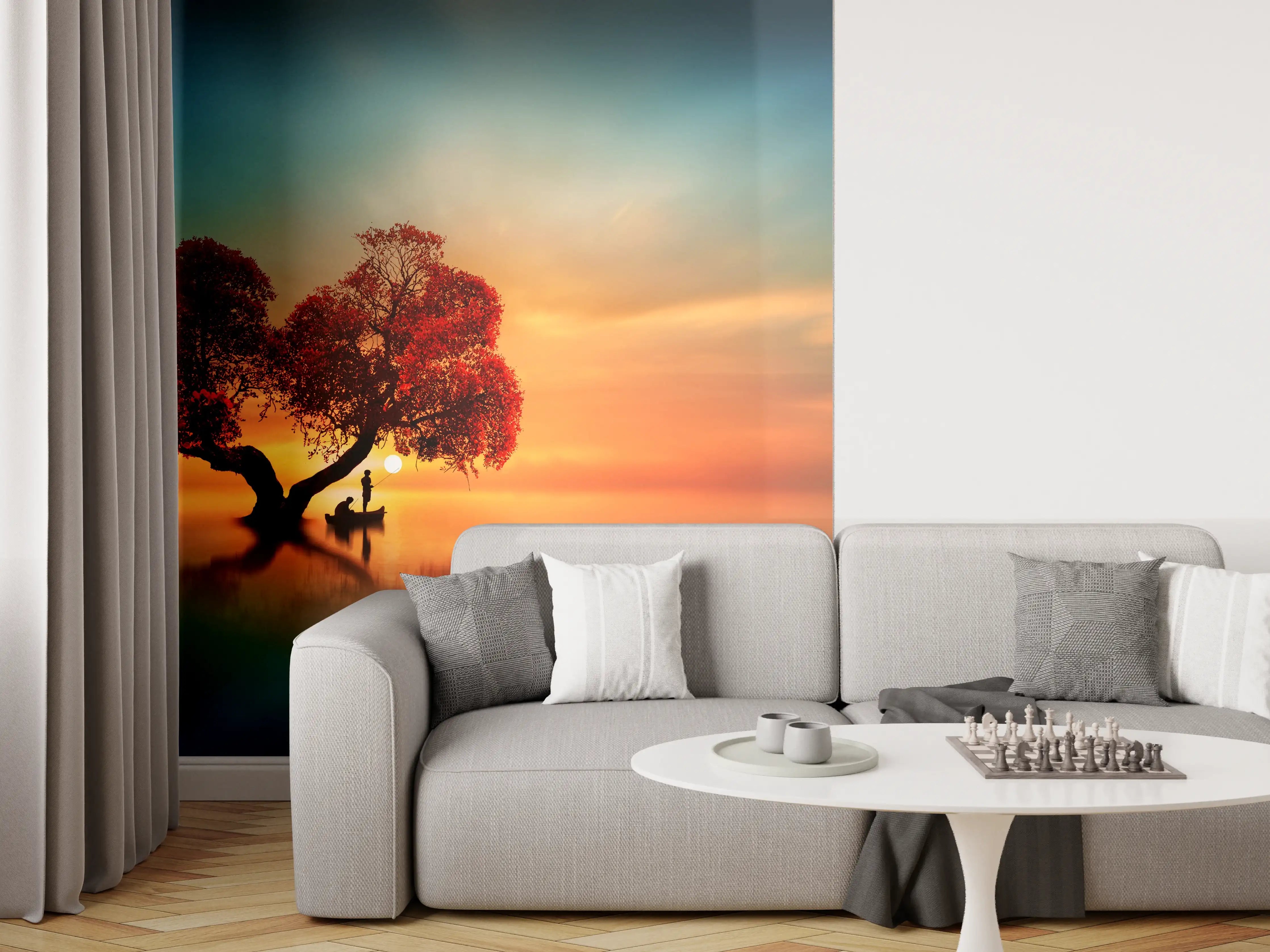 Wandverkleidung Wohnzimmer - Malerischer Sonnenuntergang mit Baum und Boot