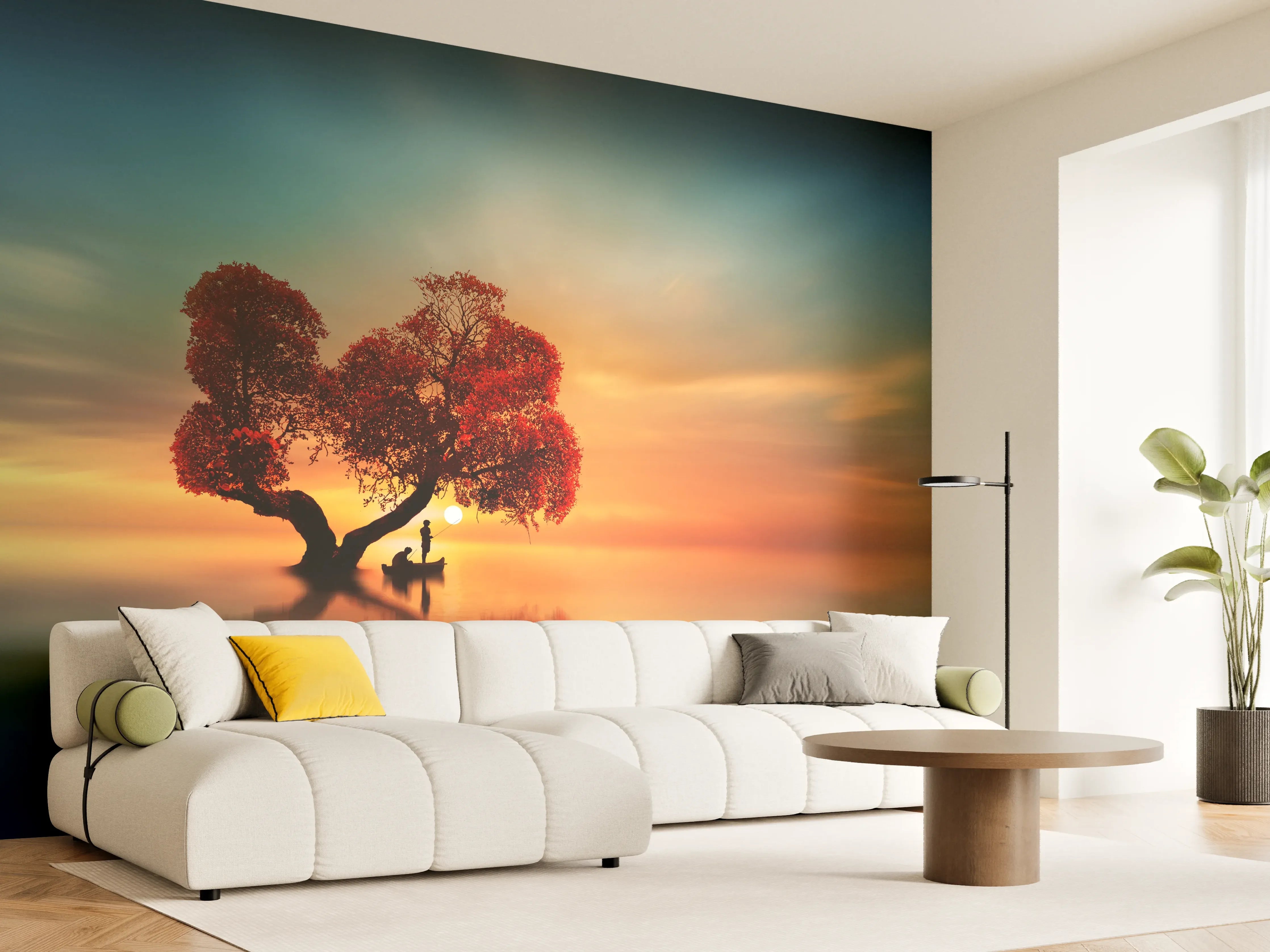 Wandverkleidung Wohnzimmer - Malerischer Sonnenuntergang mit Baum und Boot