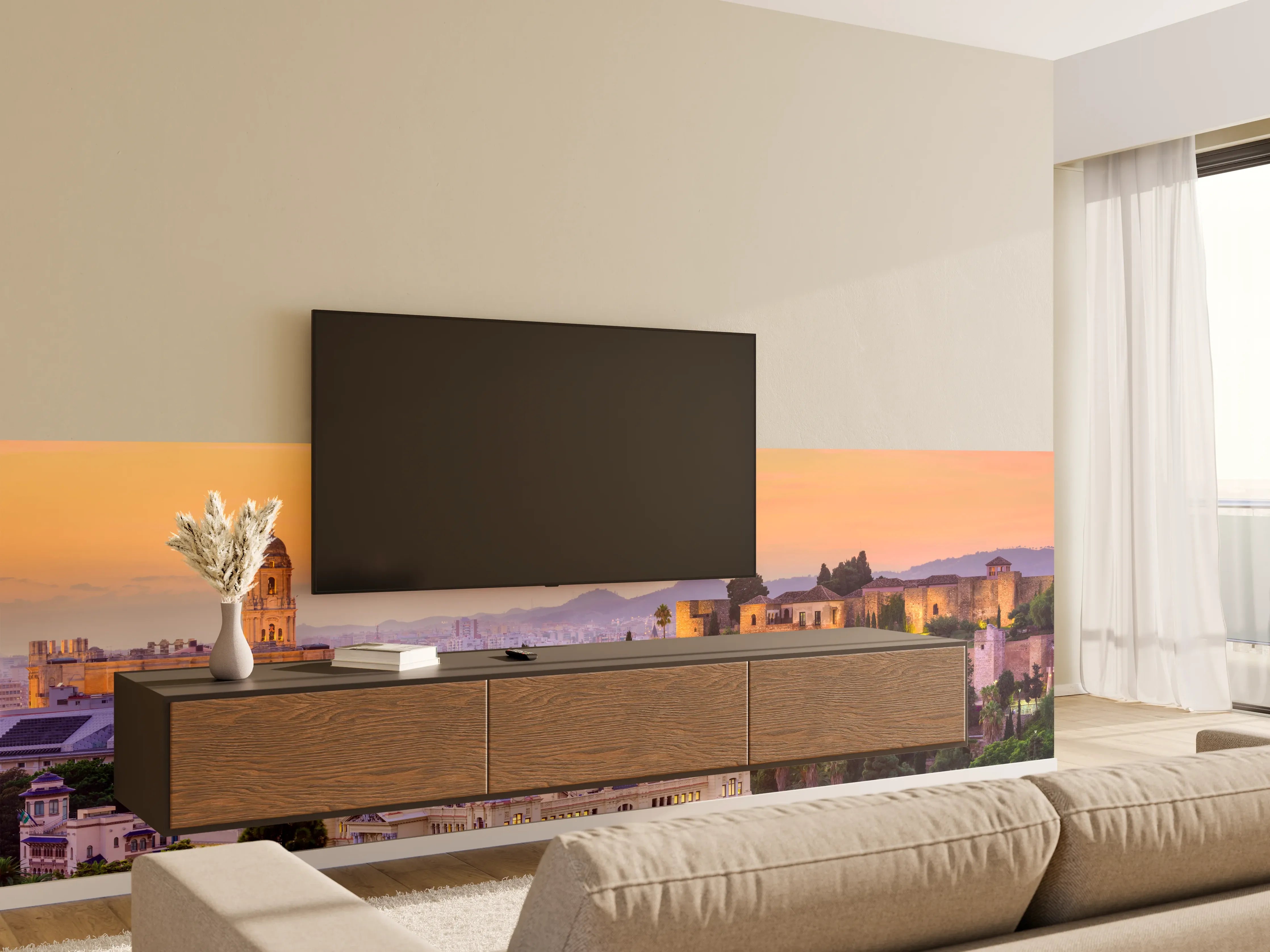 Wandverkleidung Wohnzimmer - Malerischer Sonnenuntergang über der Altstadt