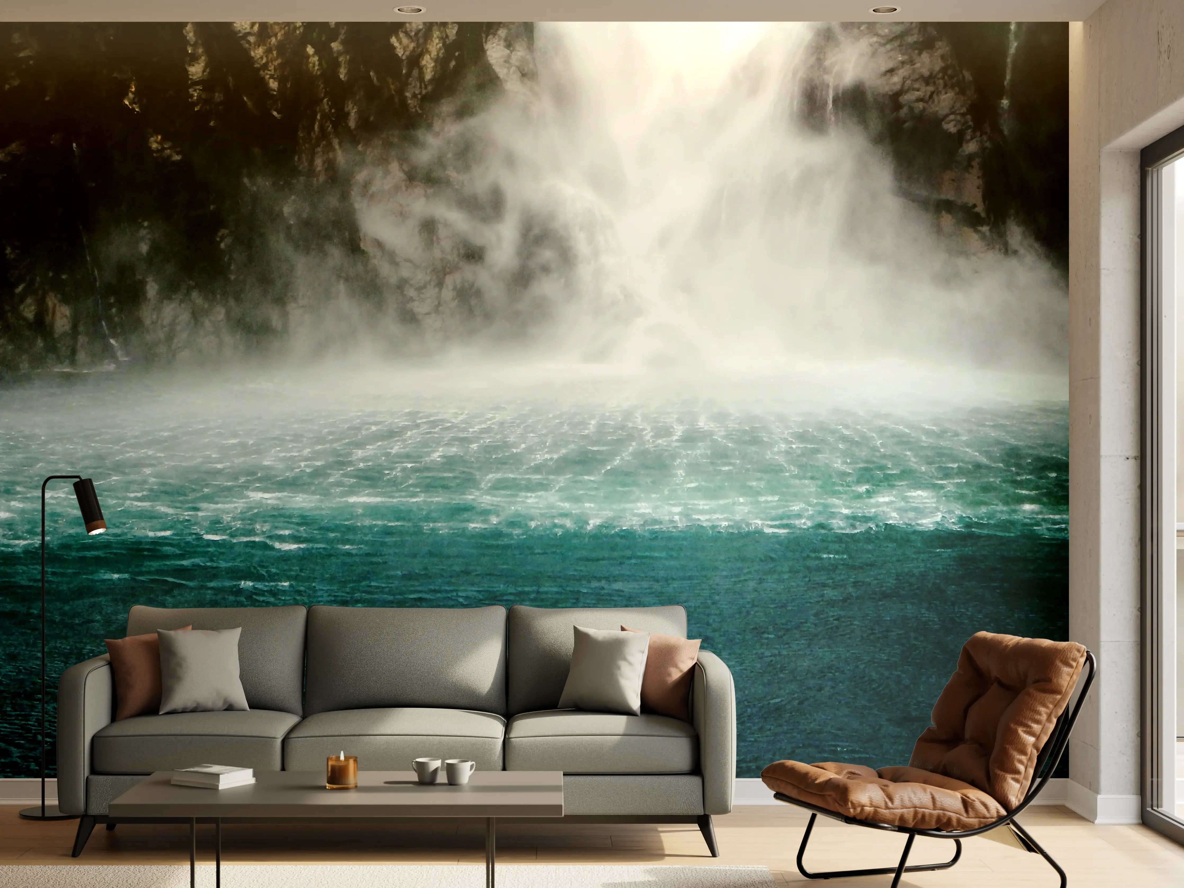 Wandverkleidung Wohnzimmer - Malerischer Wasserfall in natürlicher Umgebung