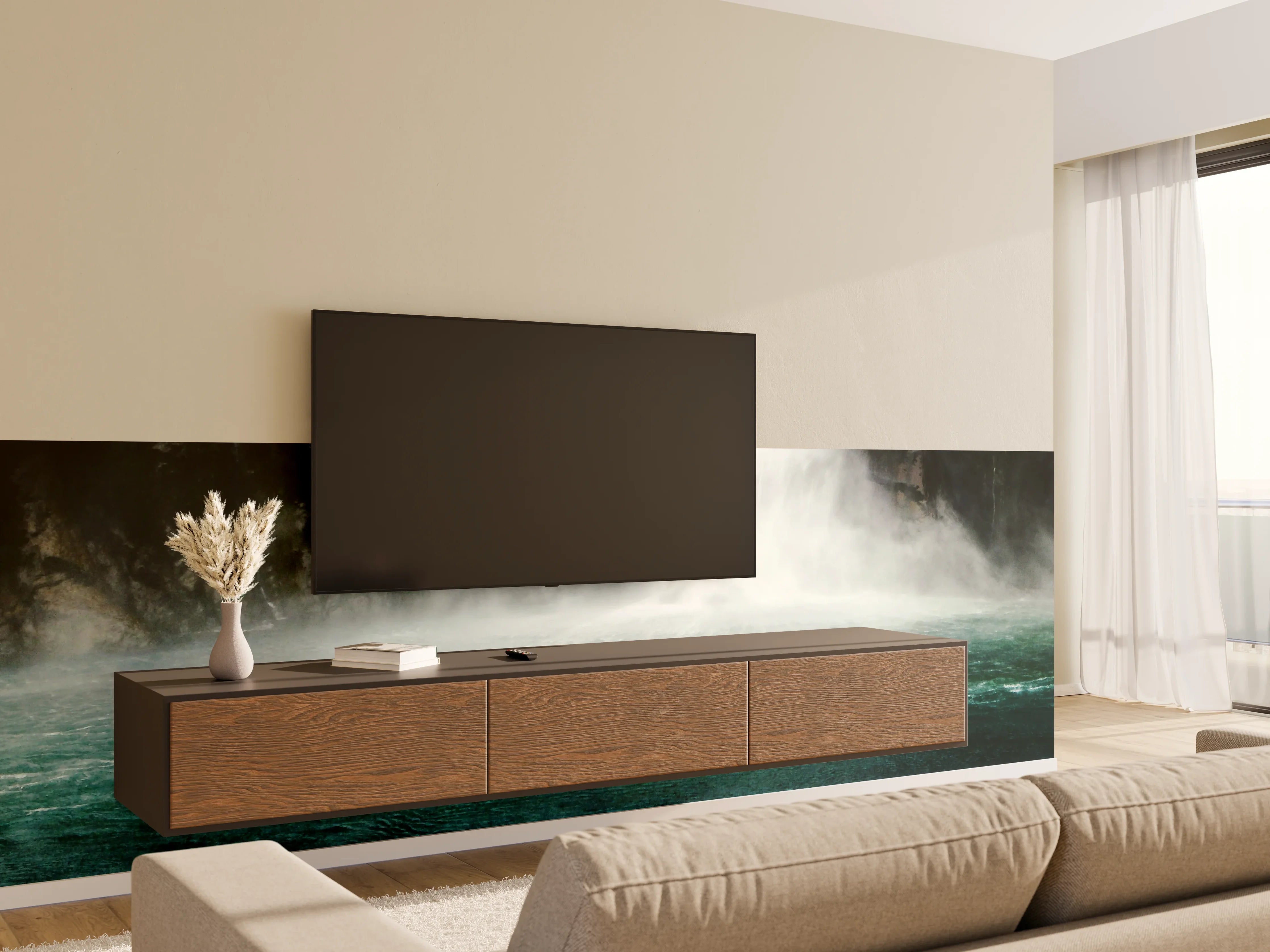 Wandverkleidung Wohnzimmer - Malerischer Wasserfall in natürlicher Umgebung