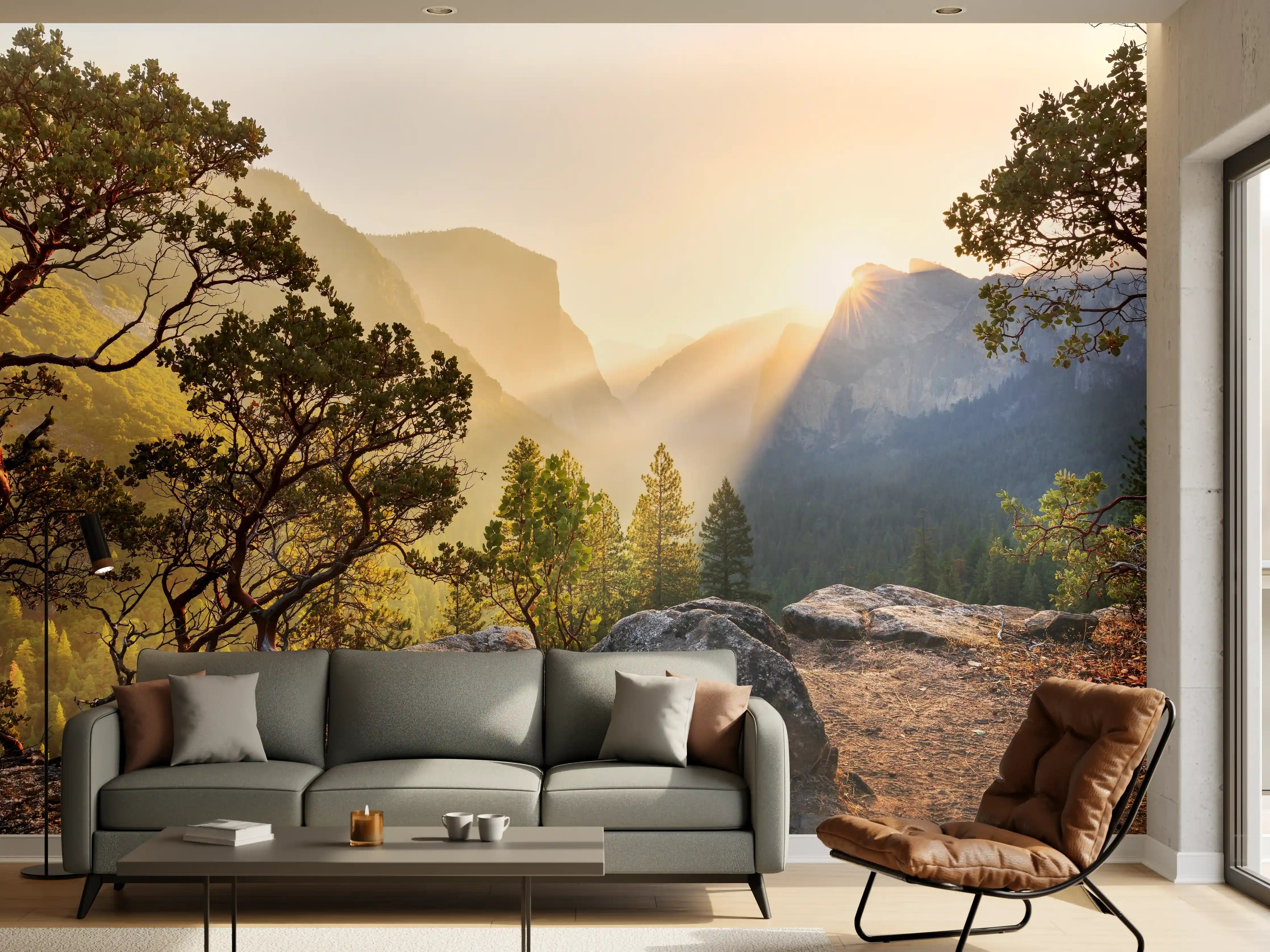 Wandverkleidung Wohnzimmer - Malerisches Bergpanorama beim Sonnenaufgang