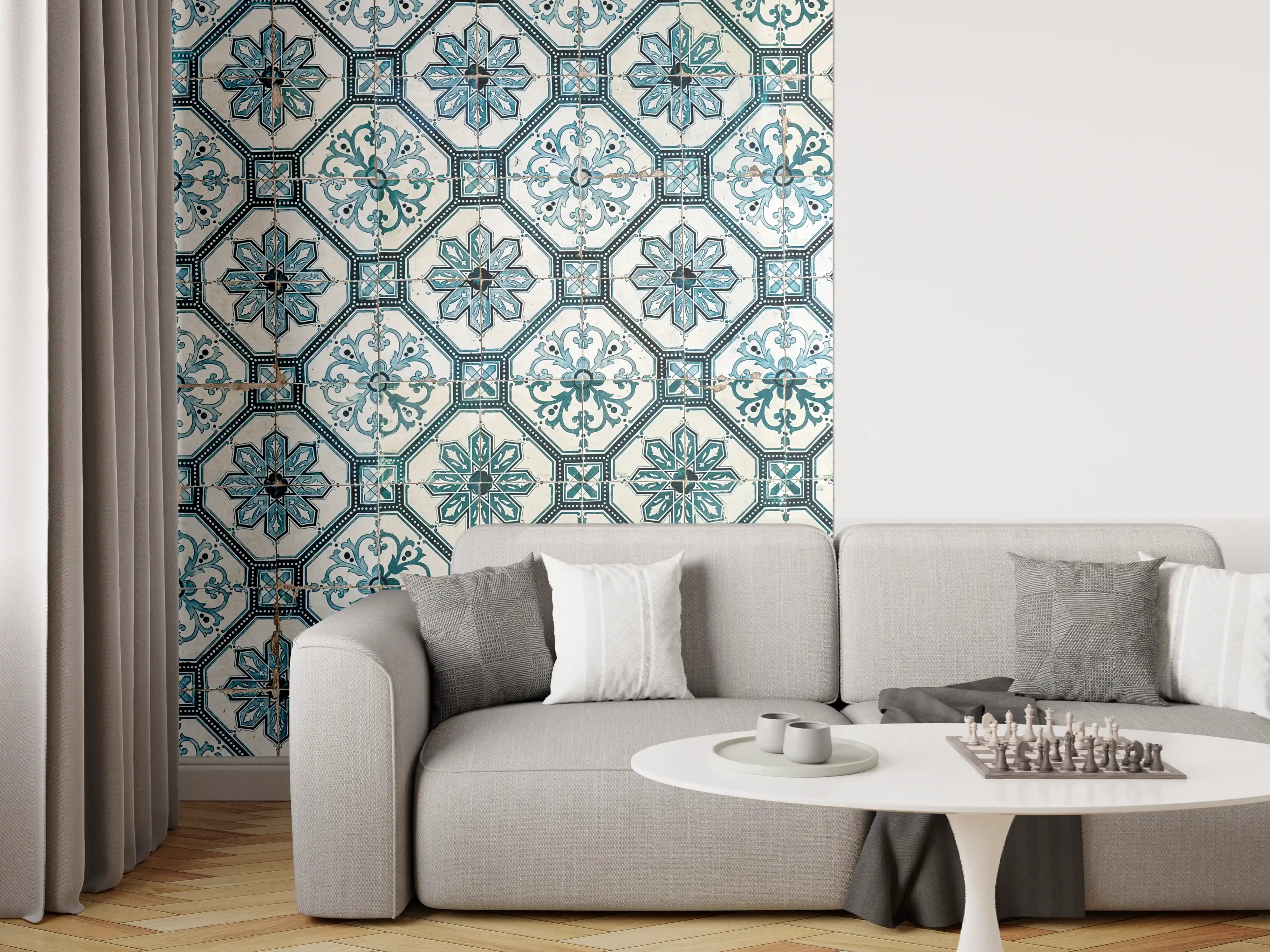 Wandverkleidung Wohnzimmer - Malerisches Fliesenmuster in Blau und Weiß