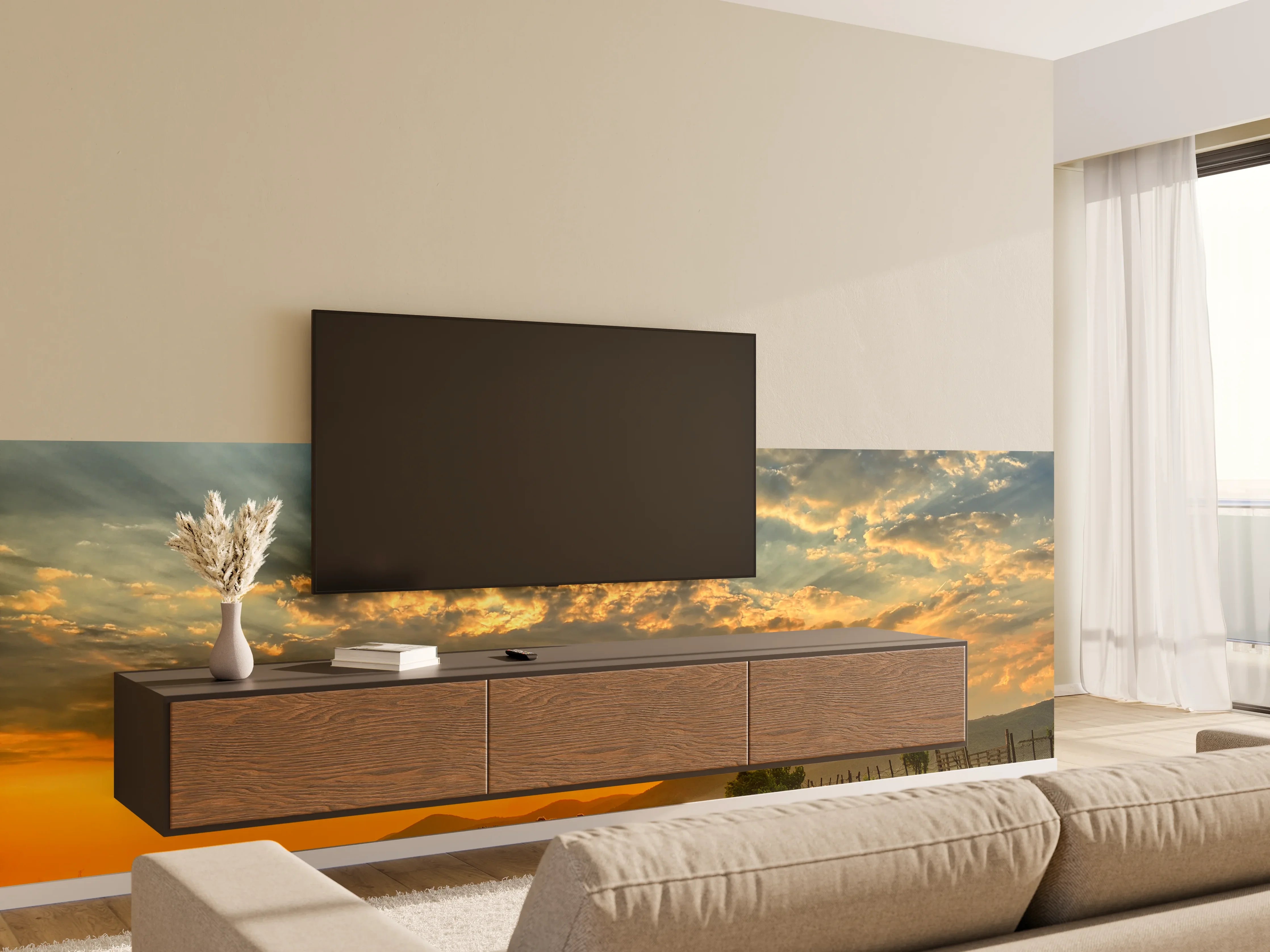 Wandverkleidung Wohnzimmer - Malersischer Sonnenuntergang über der Weidelandschaft mit Schafen