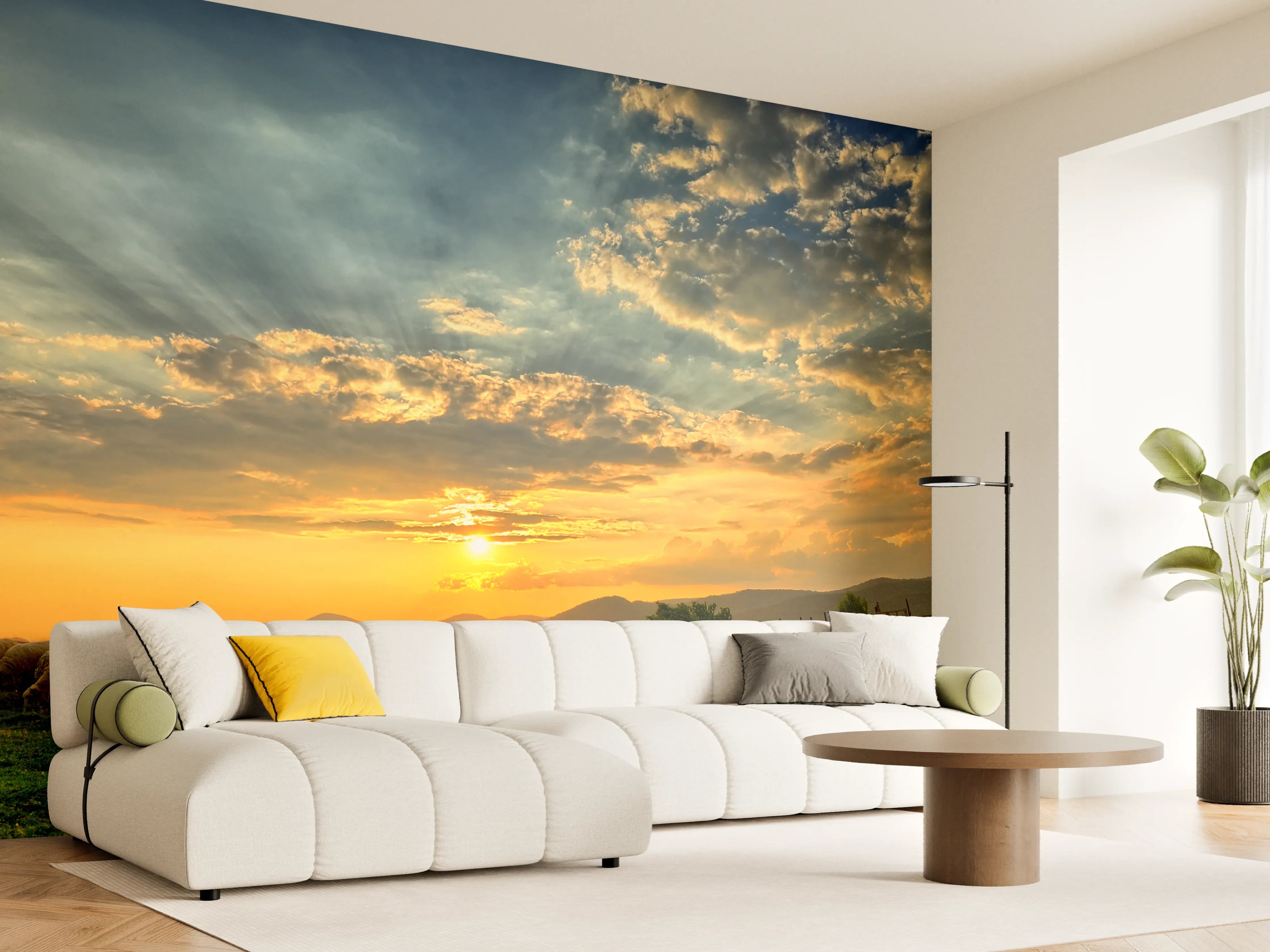 Wandverkleidung Wohnzimmer - Malersischer Sonnenuntergang über der Weidelandschaft mit Schafen