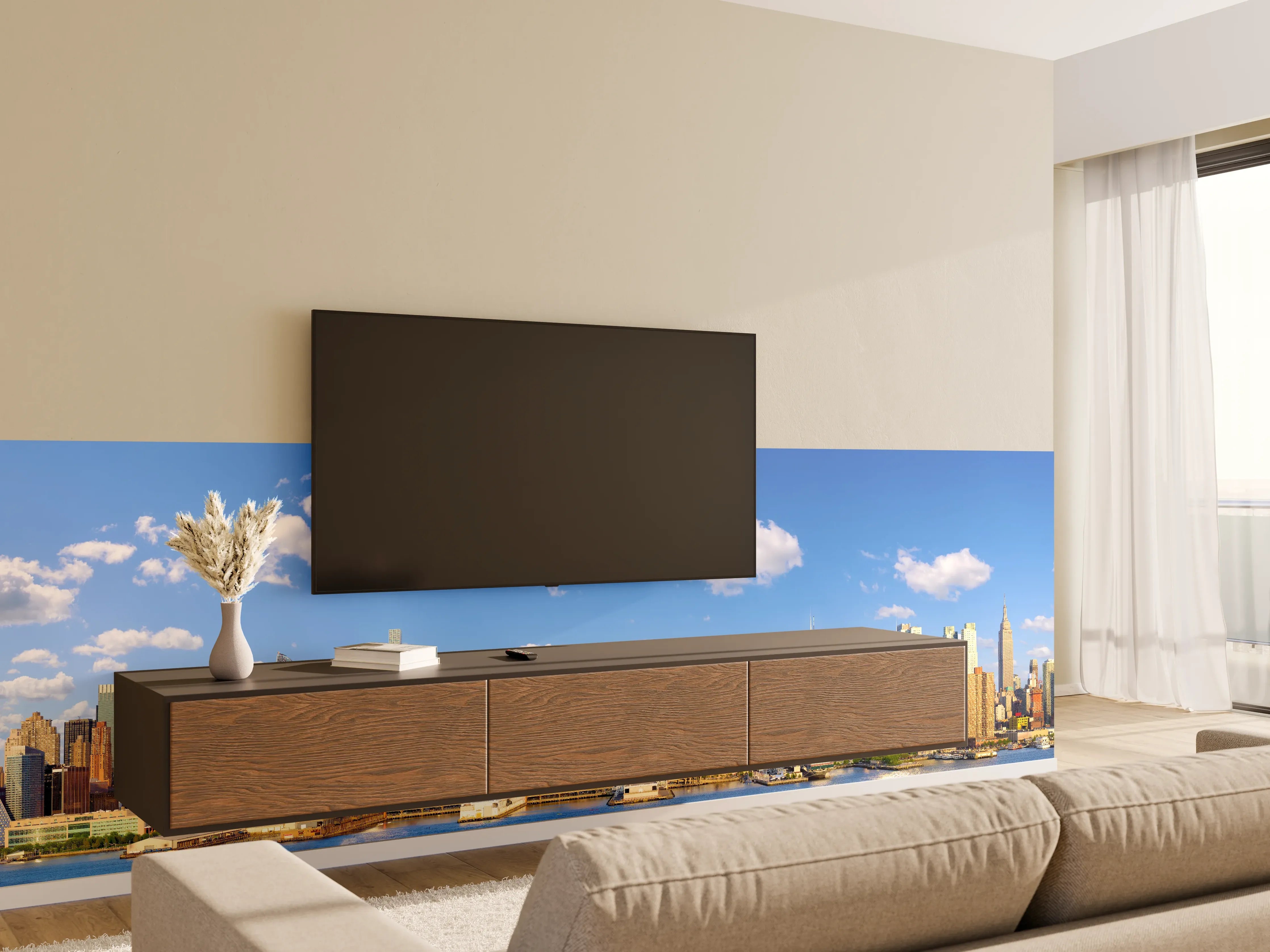Wandverkleidung Wohnzimmer - Manhattan Skyline Blau-Beige