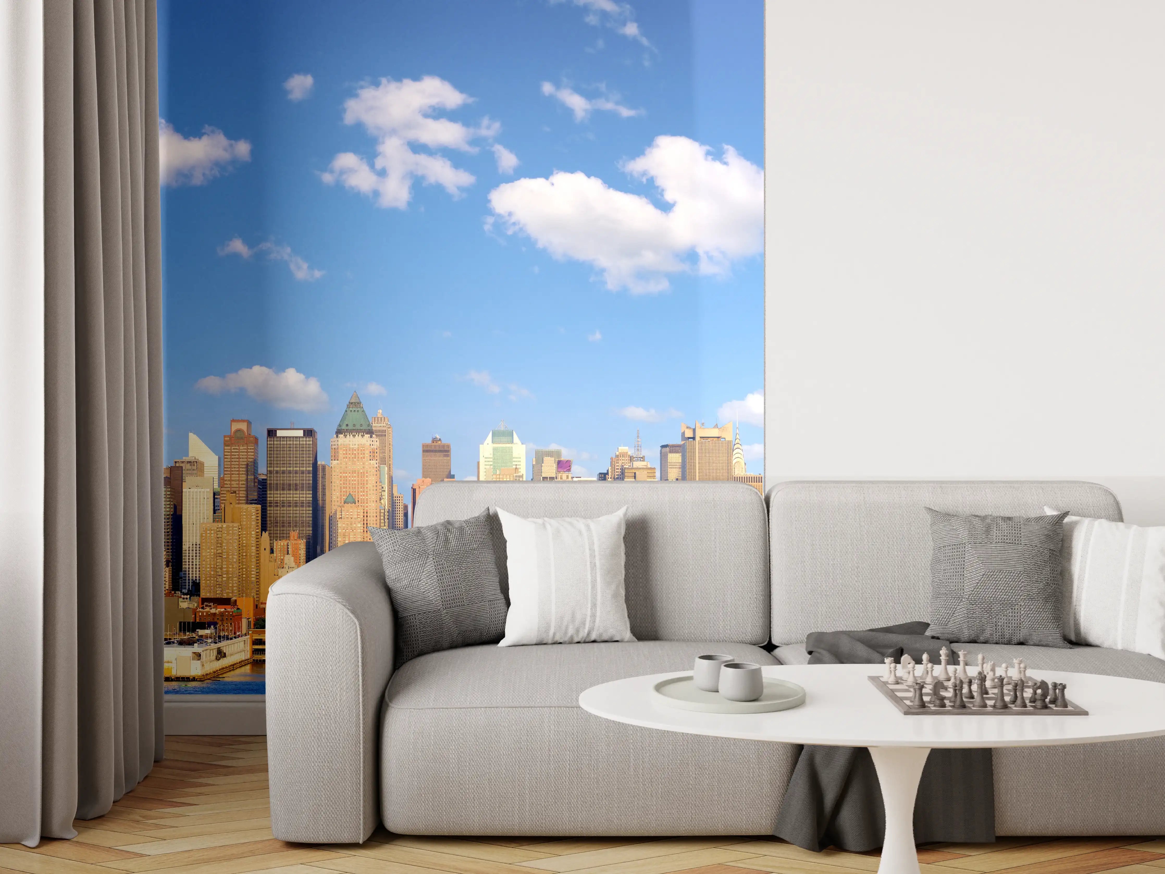 Wandverkleidung Wohnzimmer - Manhattan Skyline Blau-Beige
