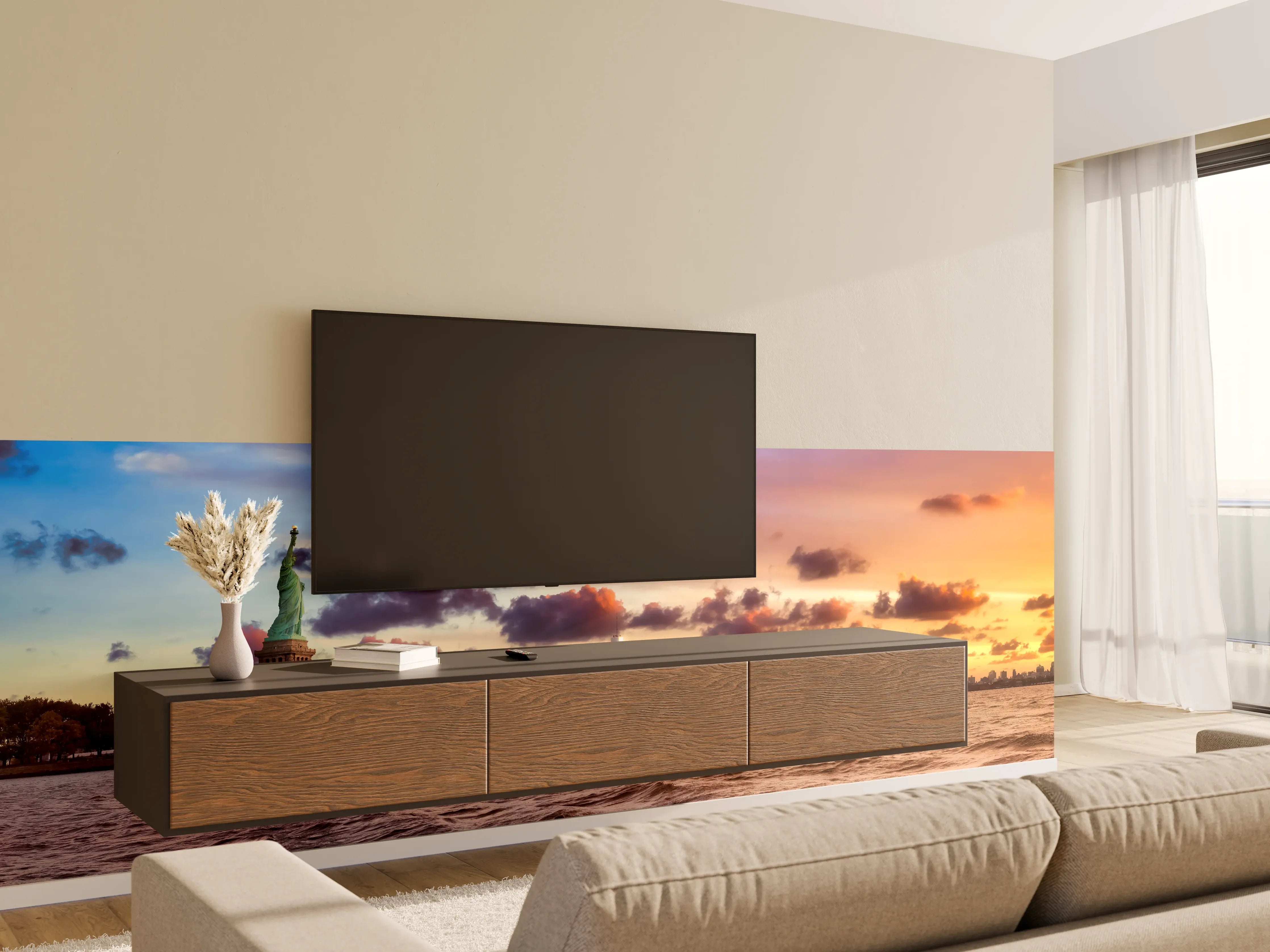 Wandverkleidung Wohnzimmer - Manhattan Skyline Sonnenuntergang