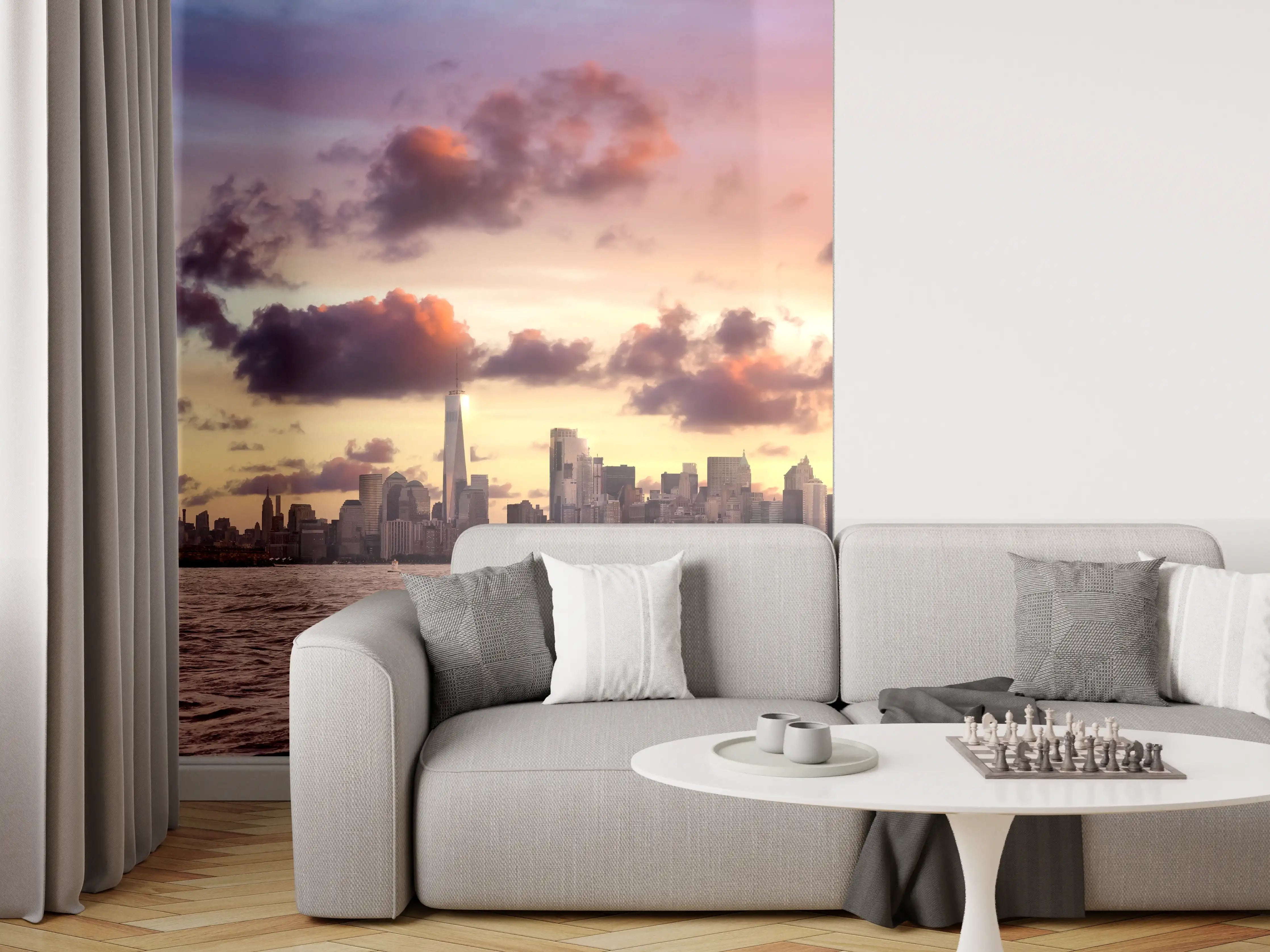 Wandverkleidung Wohnzimmer - Manhattan Skyline Sonnenuntergang