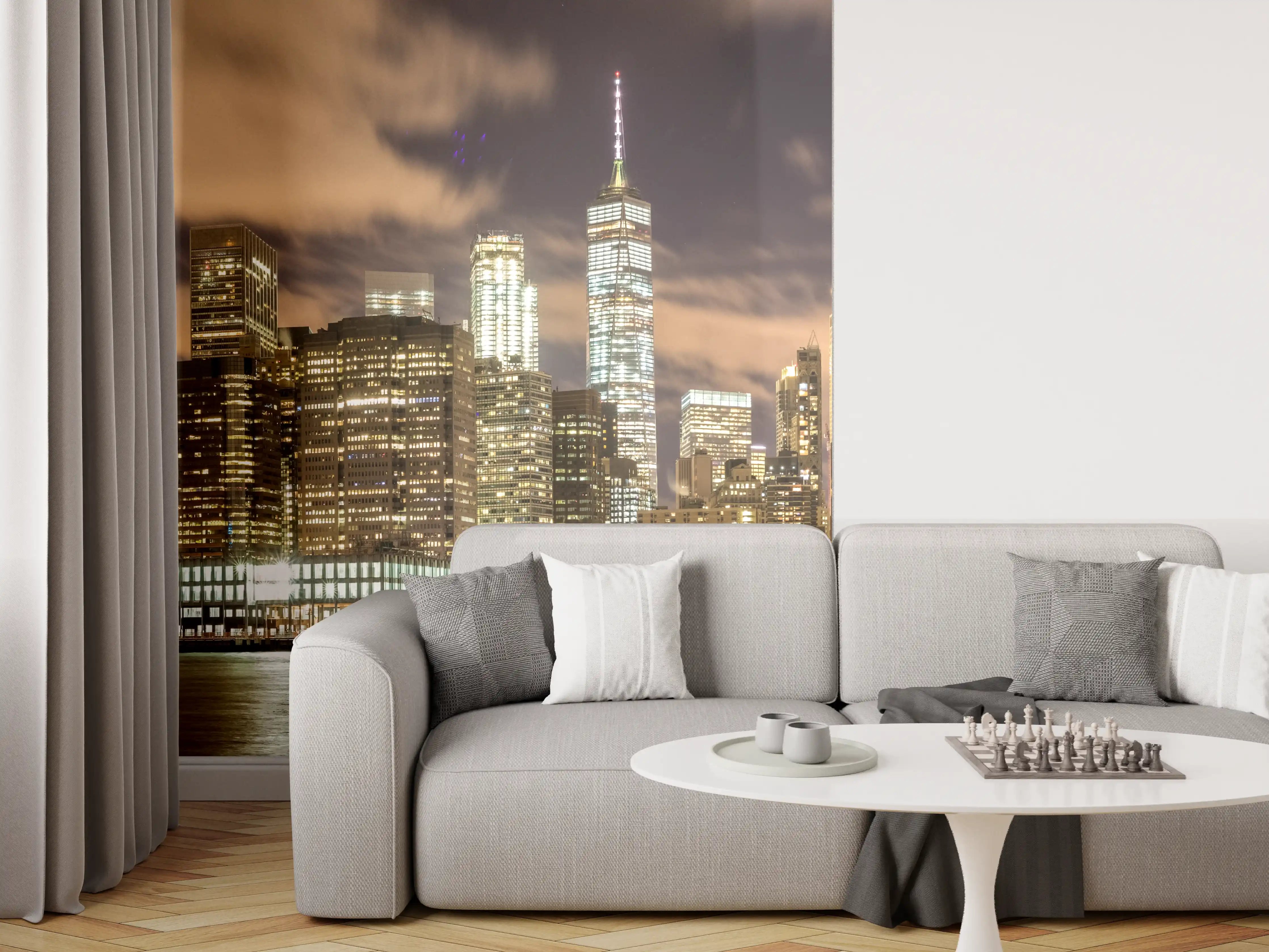 Wandverkleidung Wohnzimmer - Manhattan Skyline im Glanz der Nacht