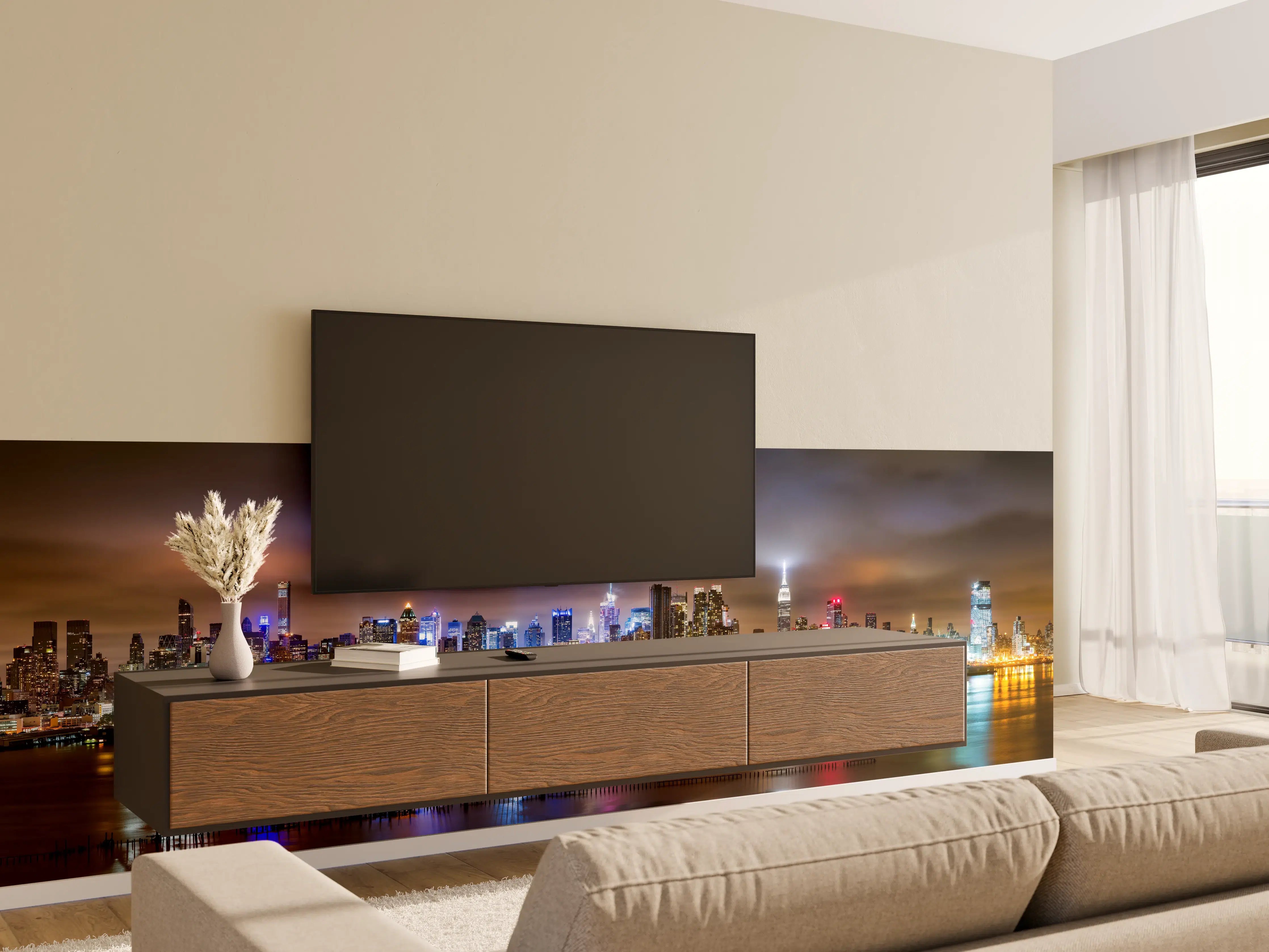 Wandverkleidung Wohnzimmer - Manhattan Skyline im nächtlichen Panorama