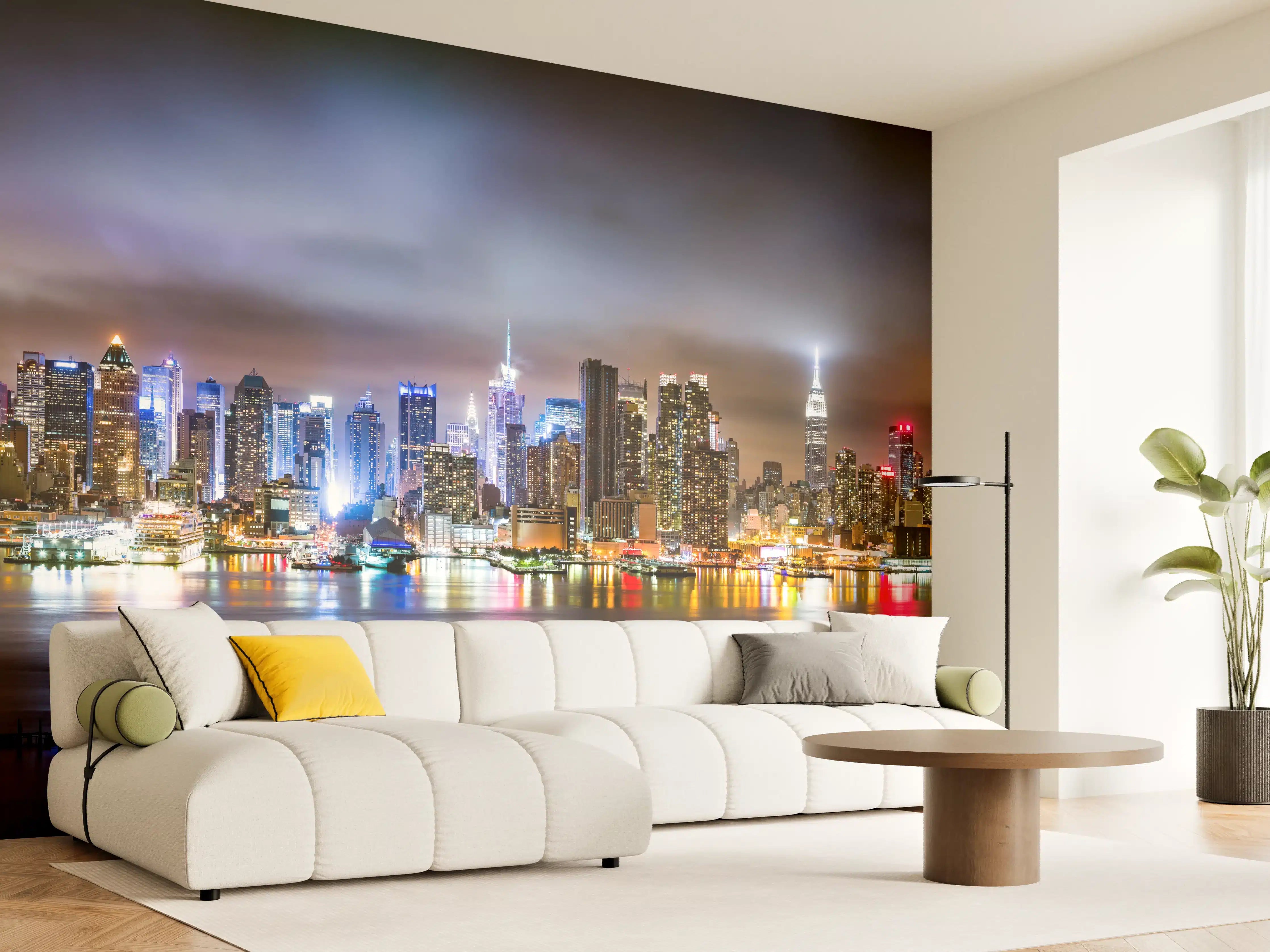Wandverkleidung Wohnzimmer - Manhattan Skyline im nächtlichen Panorama