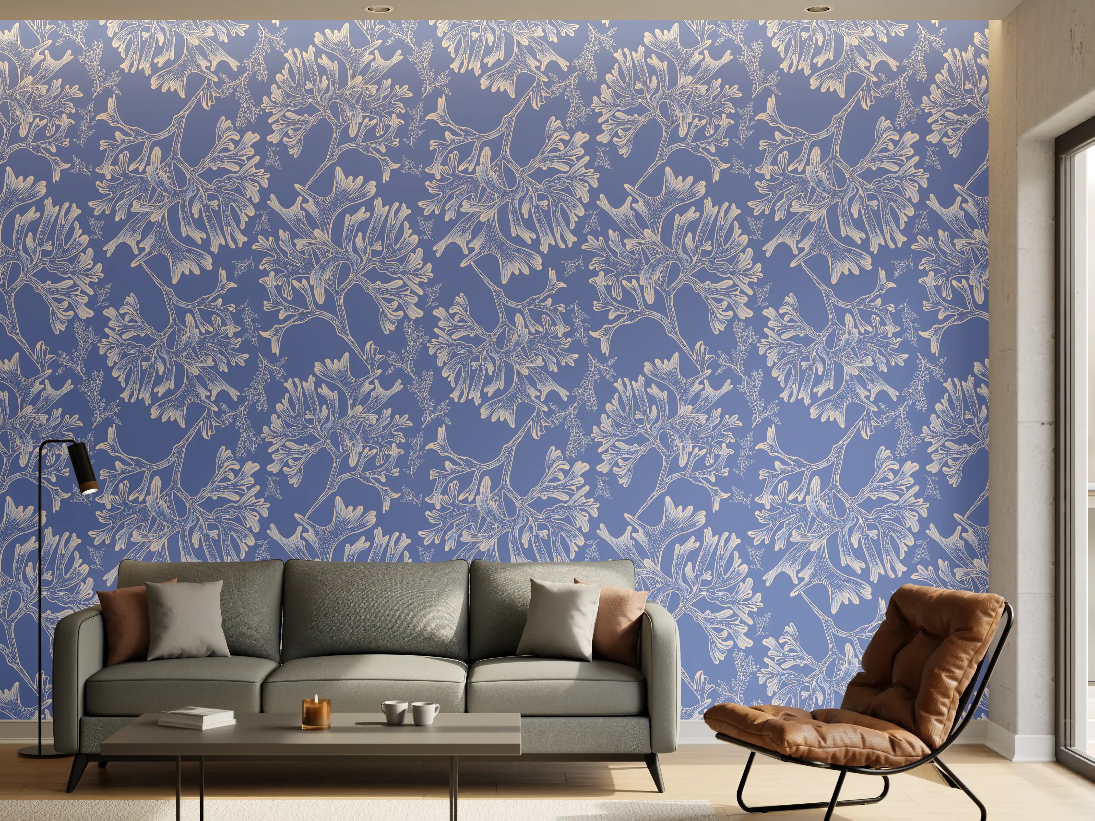 Wandverkleidung Wohnzimmer - Marineblaues Korallenmuster