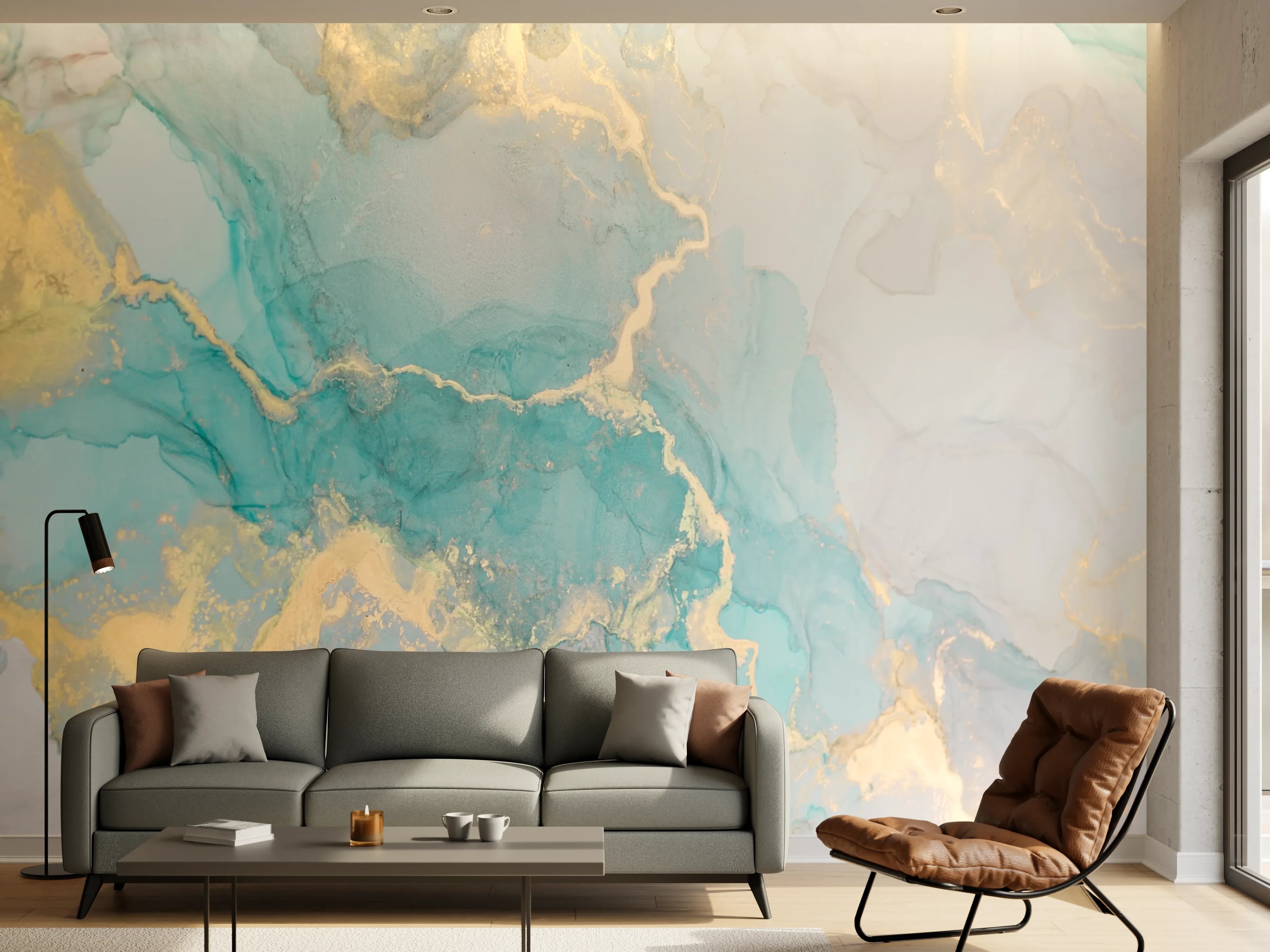 Wandverkleidung Wohnzimmer - Maritime Aquarellkunst mit Goldakzenten