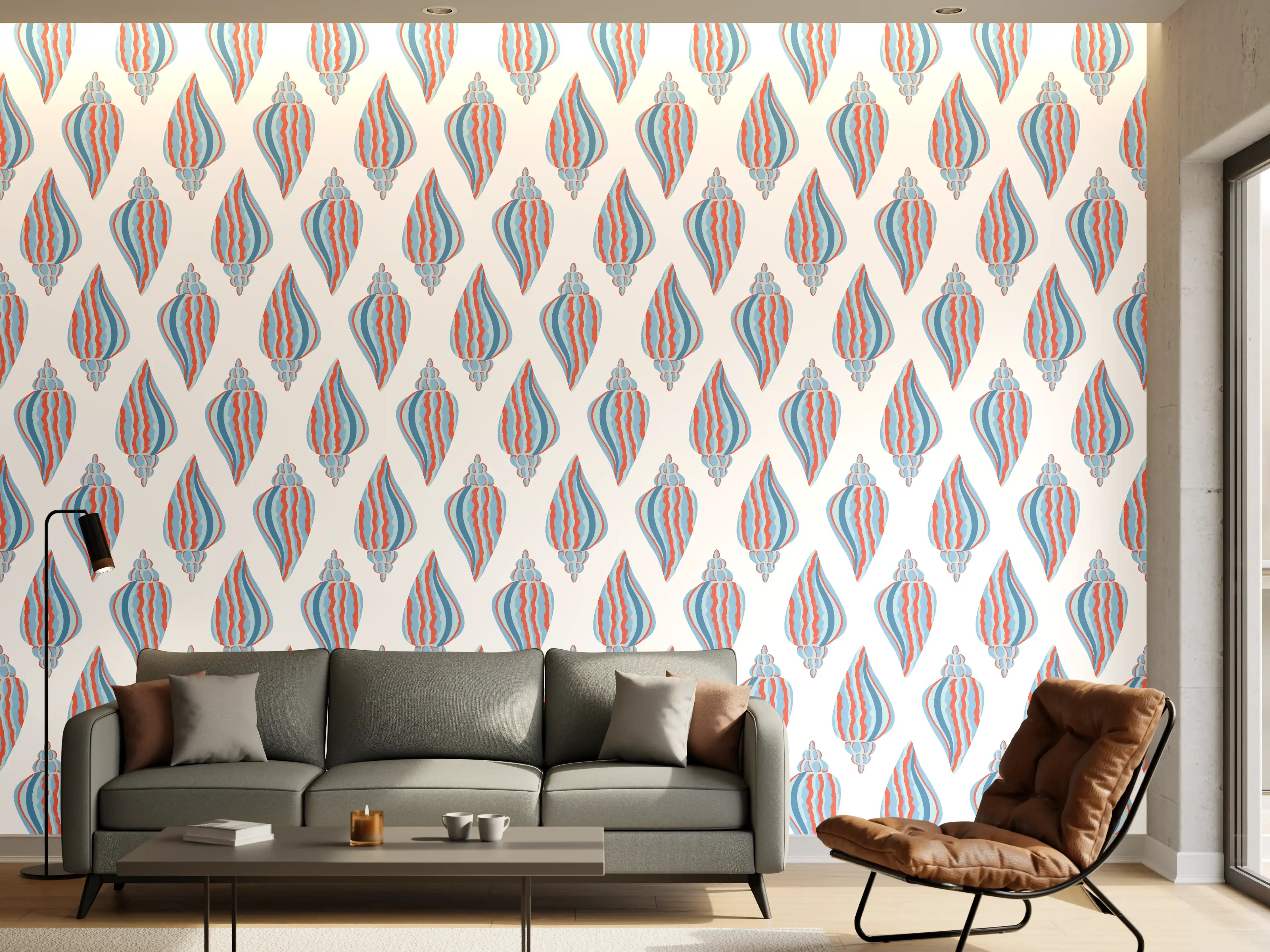 Wandverkleidung Wohnzimmer - Maritime Muscheln Weiß-Blau-Rot