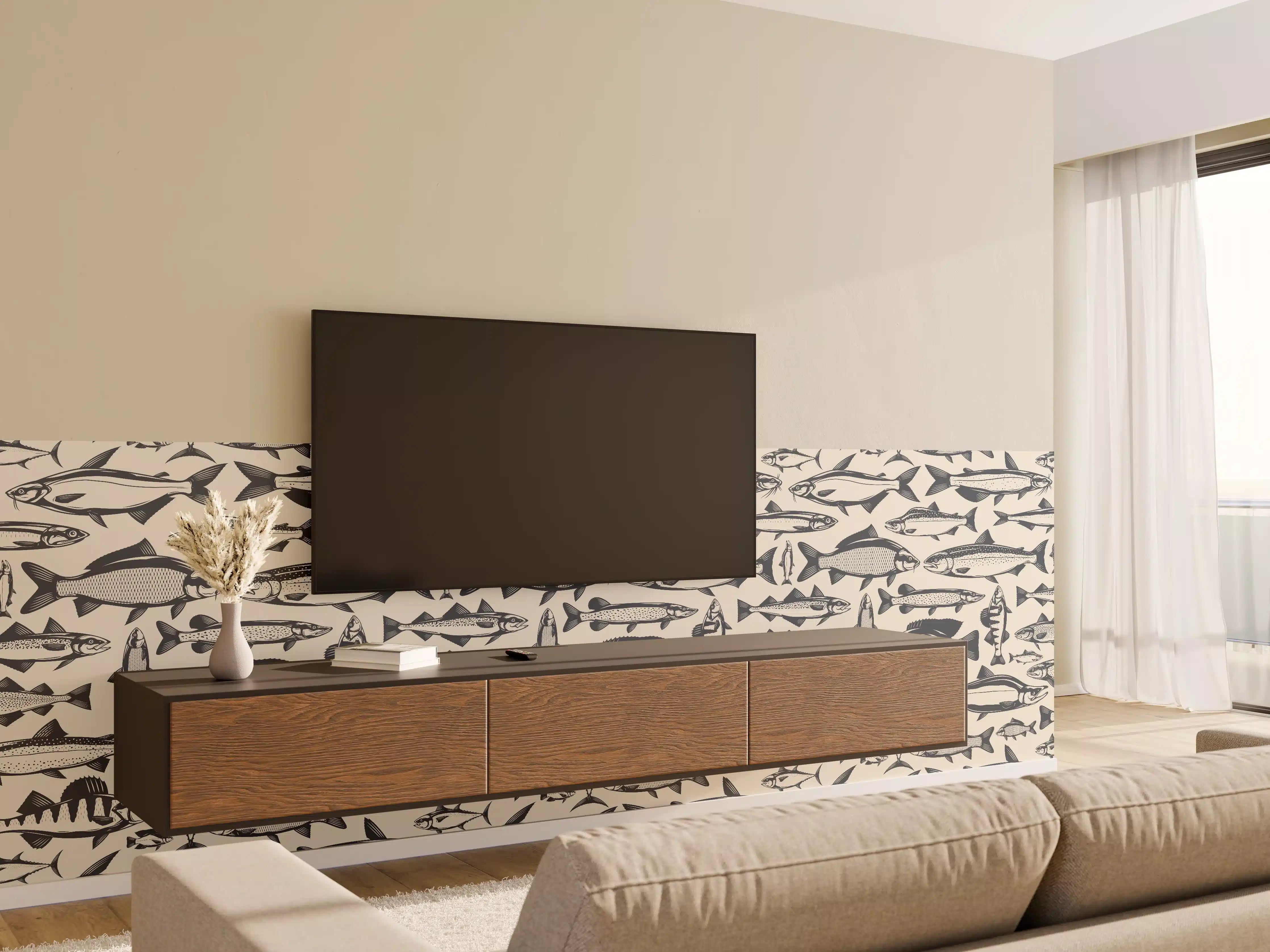 Wandverkleidung Wohnzimmer - Maritimes Fischmuster Beige-Blau