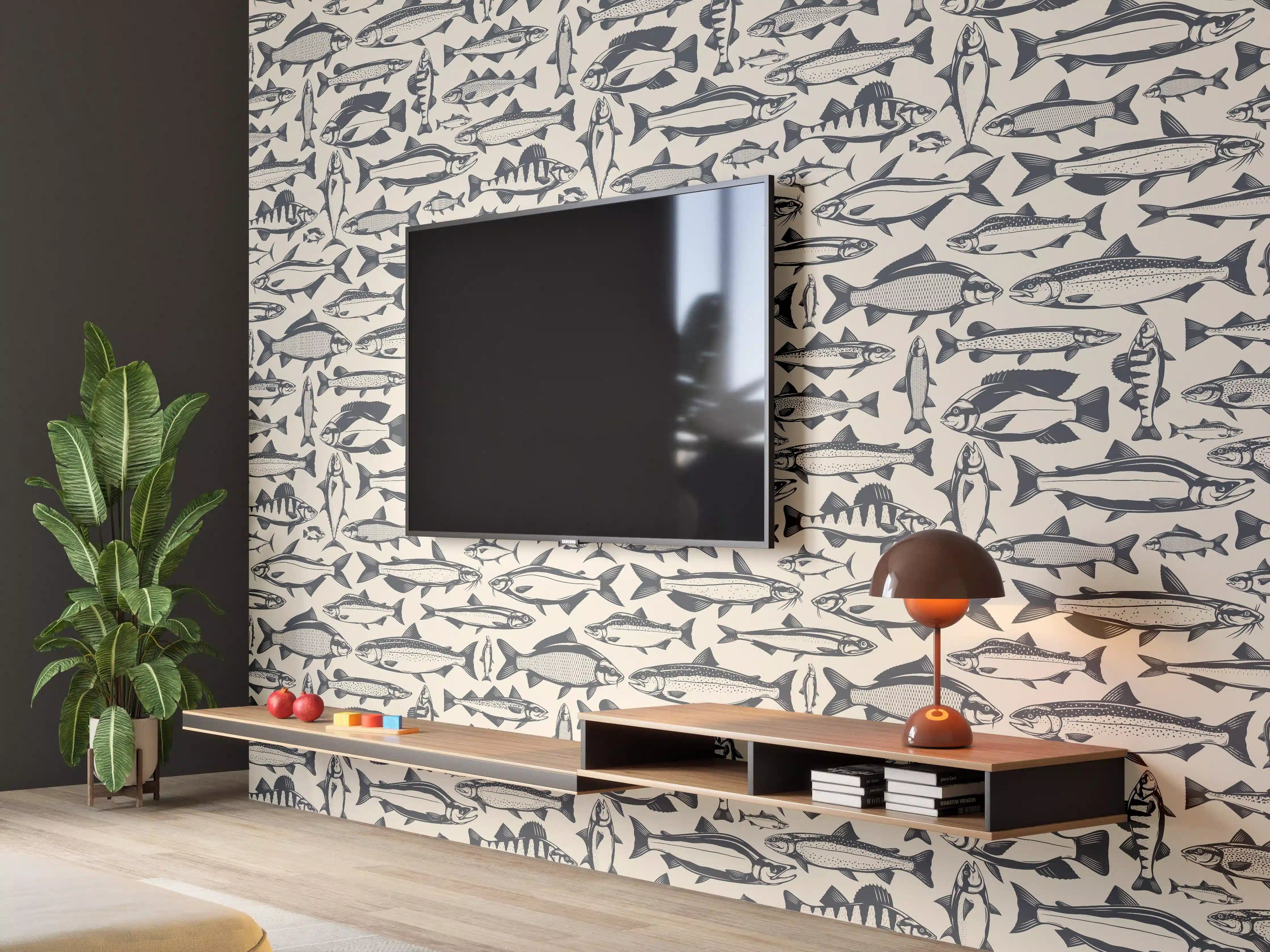 Wandverkleidung Wohnzimmer - Maritimes Fischmuster Beige-Blau