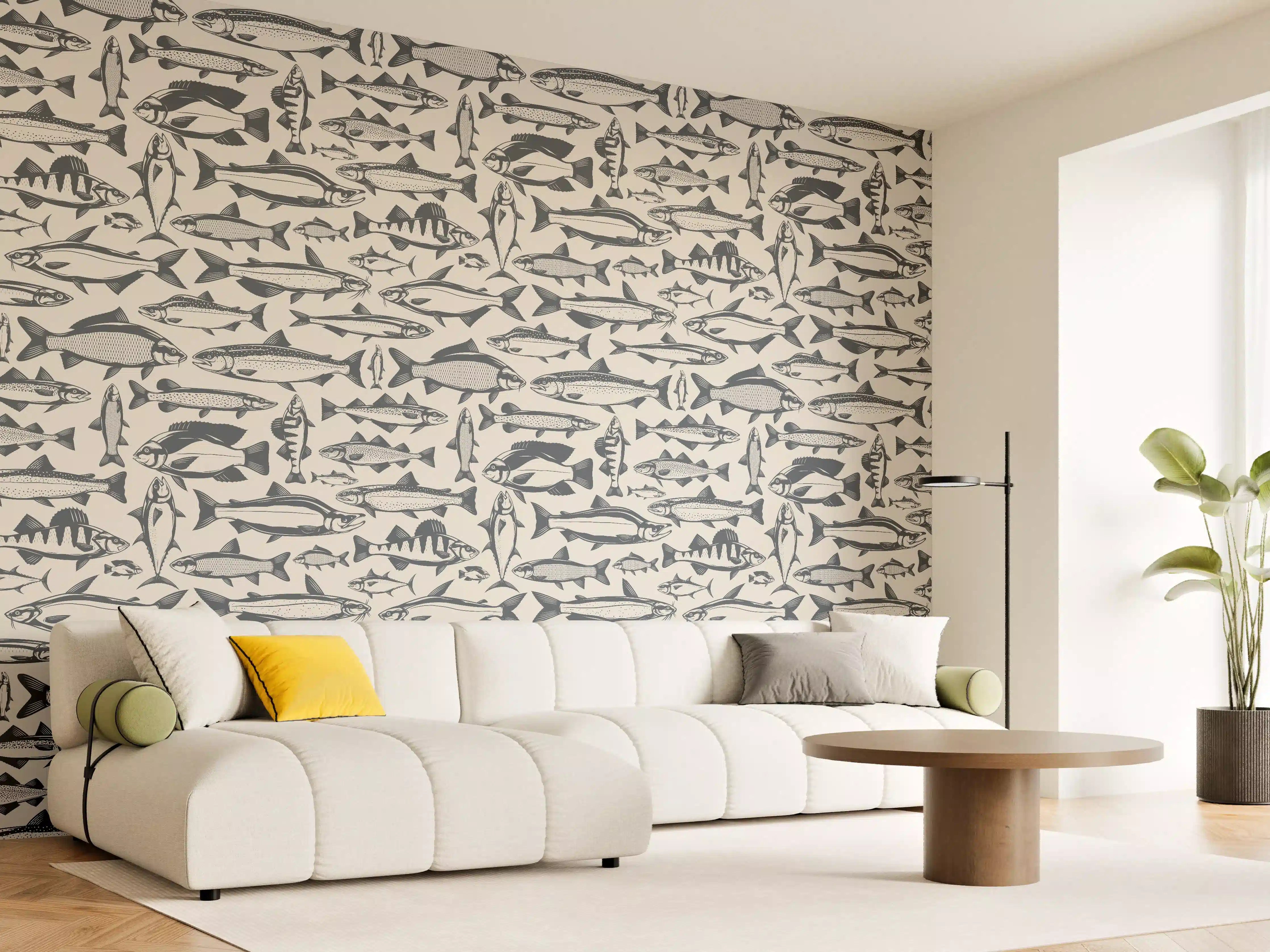 Wandverkleidung Wohnzimmer - Maritimes Fischmuster Beige-Blau