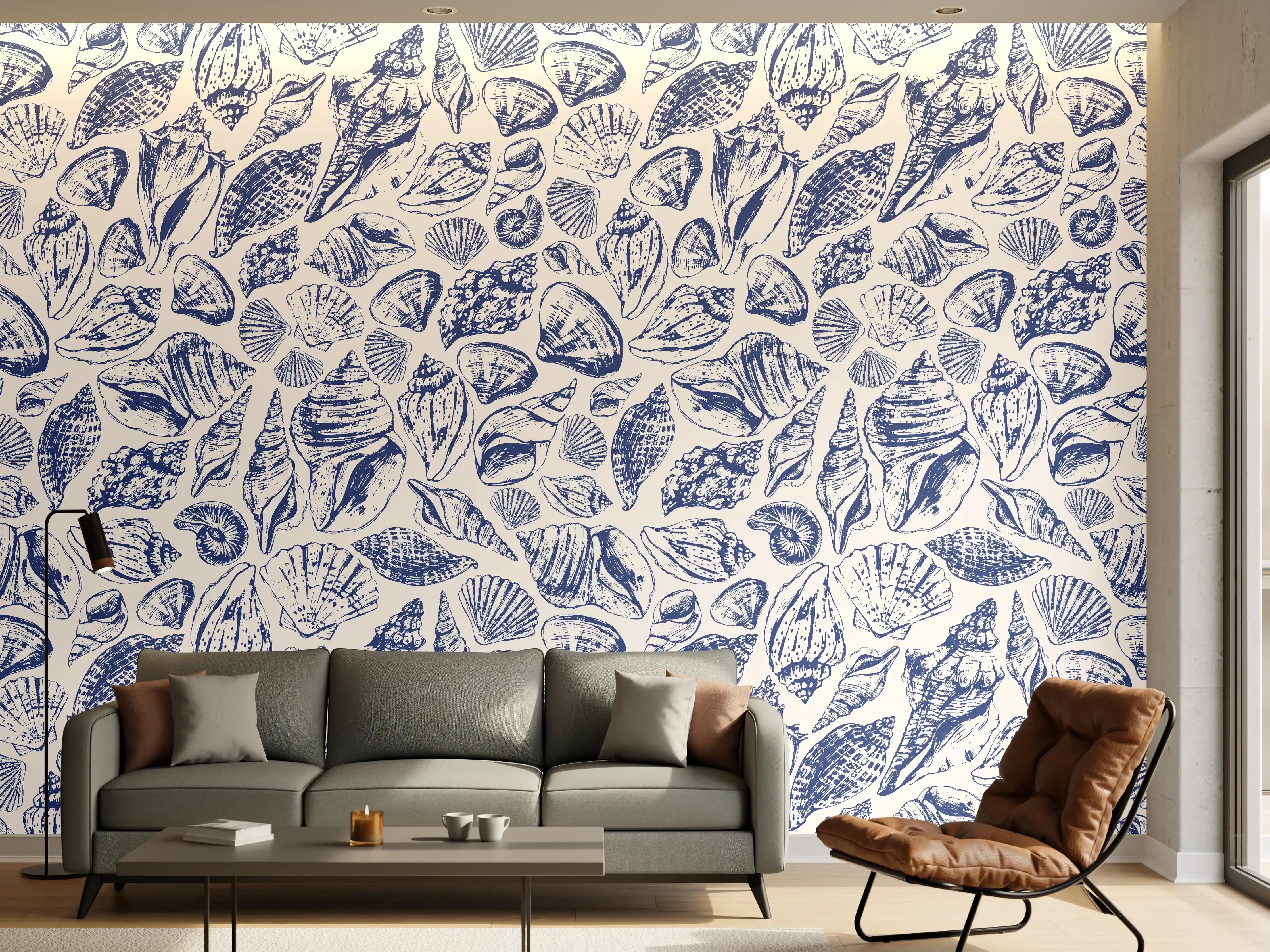Wandverkleidung Wohnzimmer - Maritimes Muschelmuster Blau-Weiß