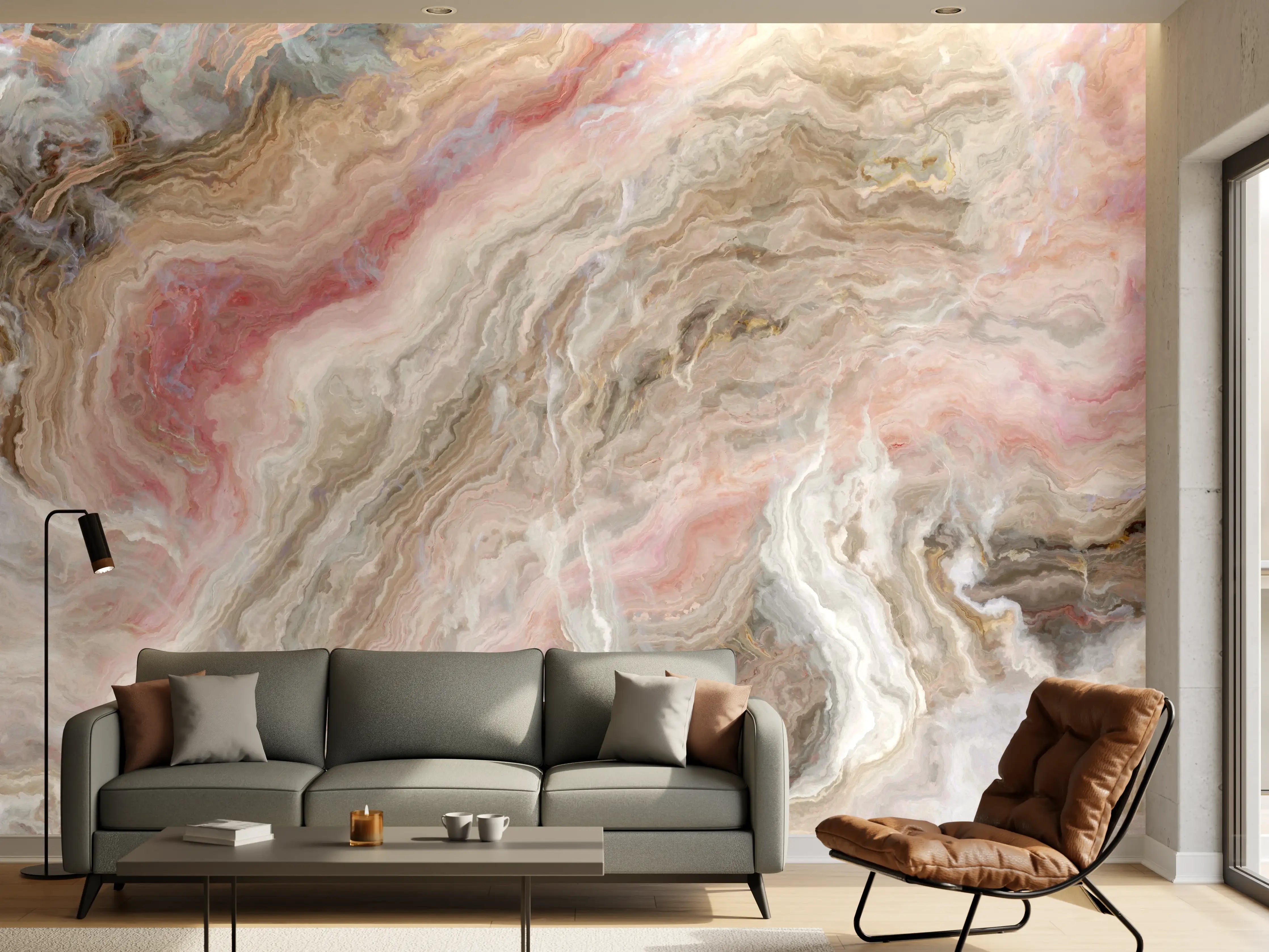 Wandverkleidung Wohnzimmer - Marmor-Design in sanften Farben
