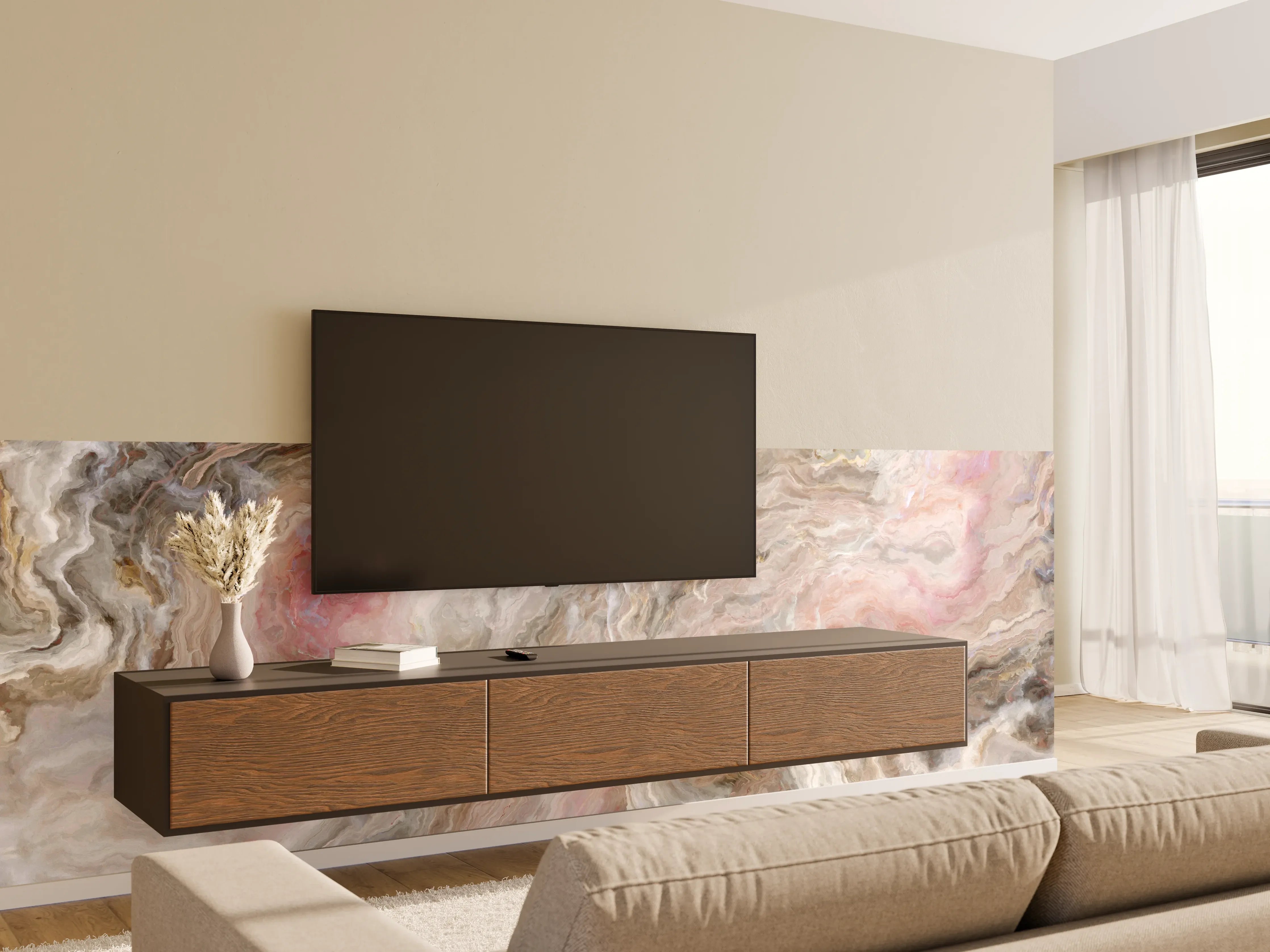 Wandverkleidung Wohnzimmer - Marmor-Design in sanften Farben