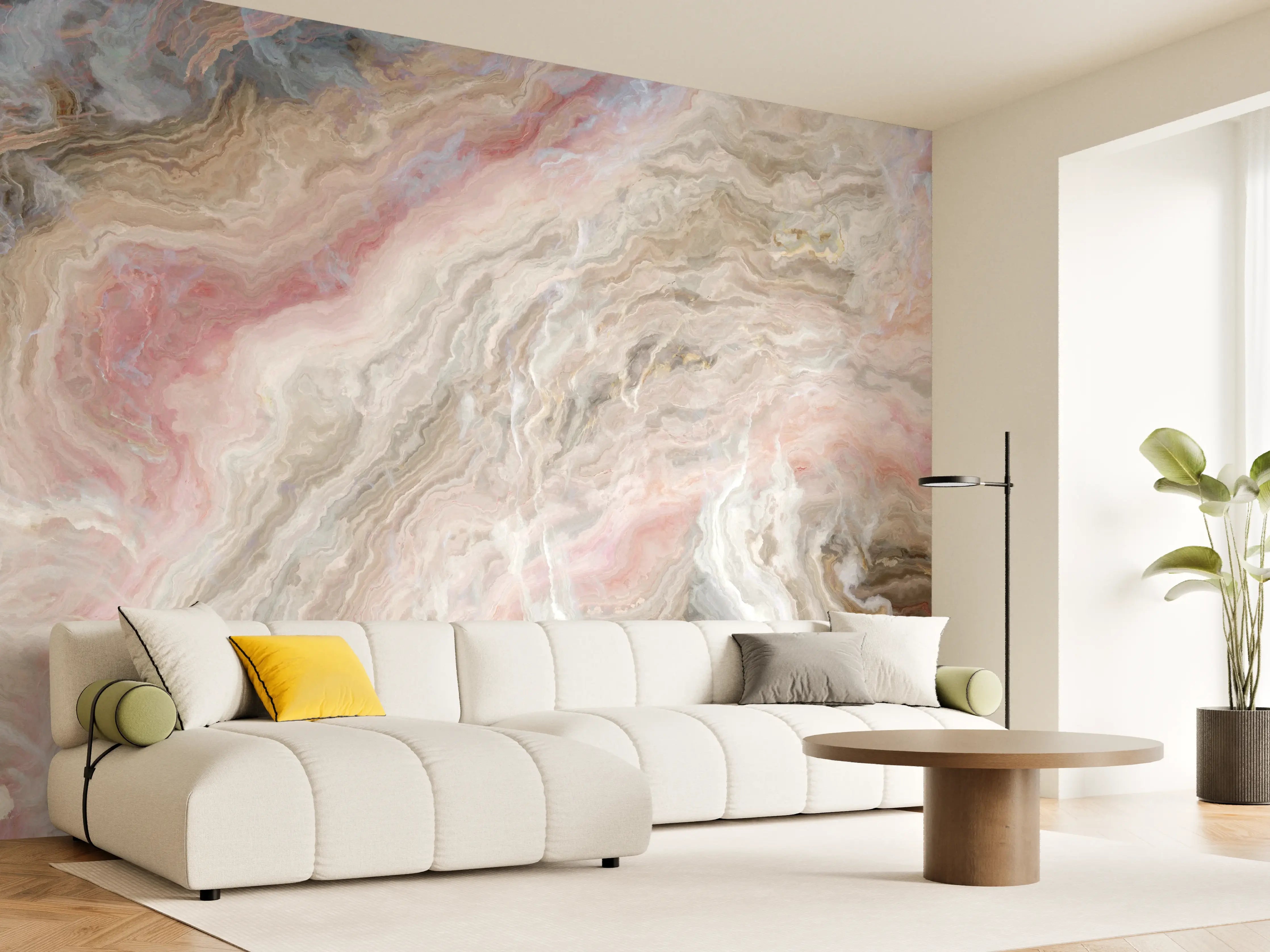 Wandverkleidung Wohnzimmer - Marmor-Design in sanften Farben