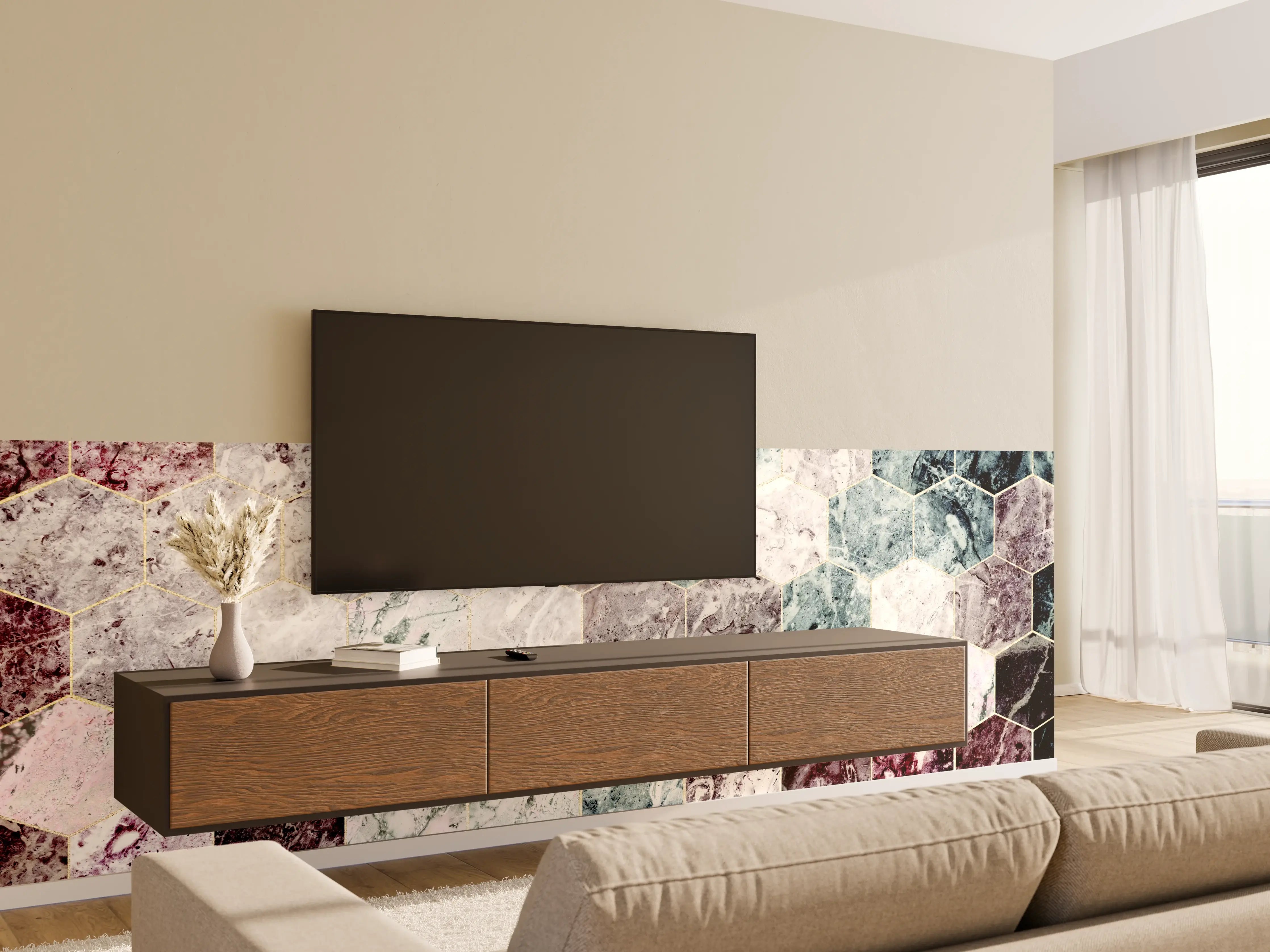 Wandverkleidung Wohnzimmer - Marmor Hexagonfliesen in Pastellfarben