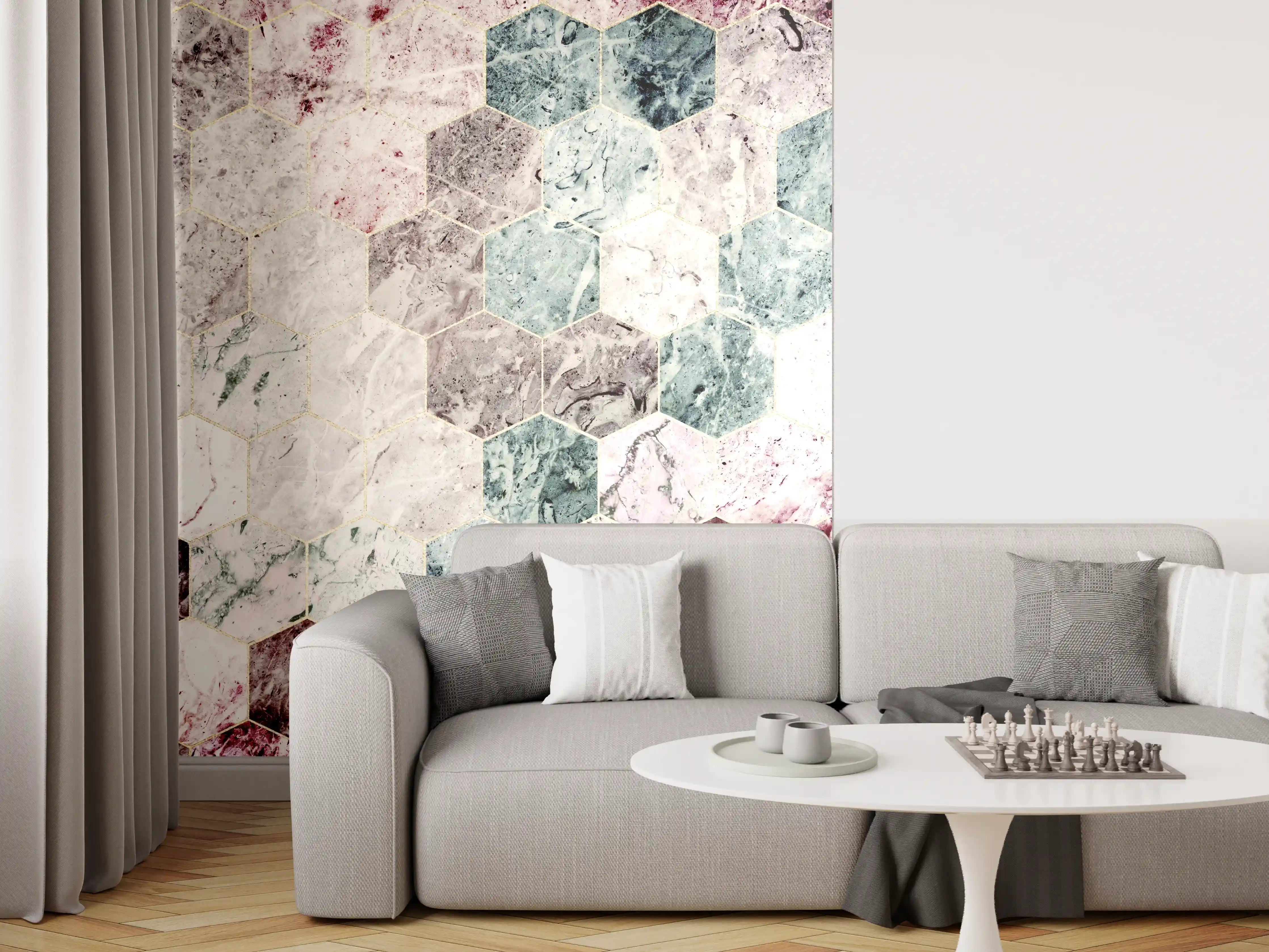 Wandverkleidung Wohnzimmer - Marmor Hexagonfliesen in Pastellfarben